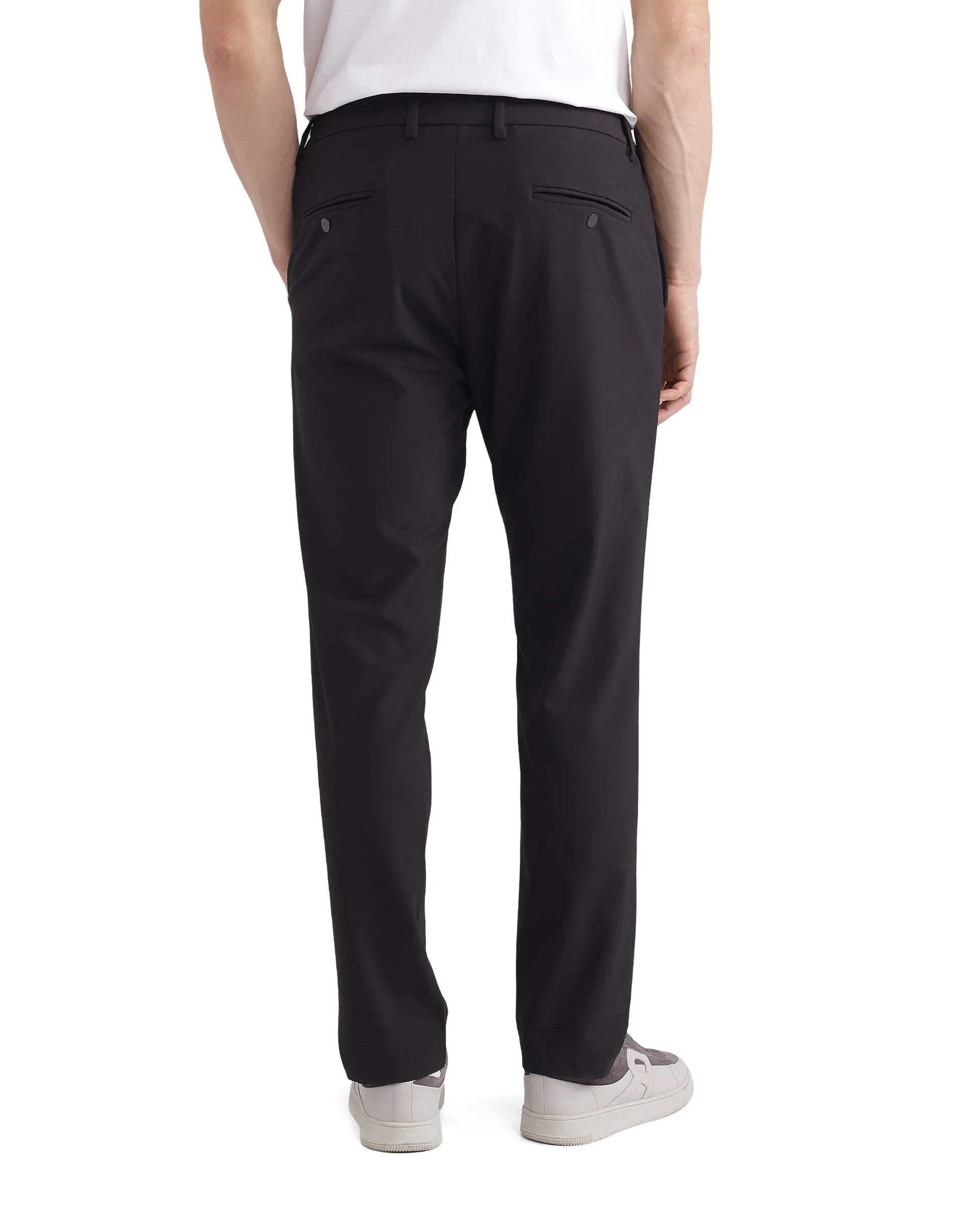 Rare Rabbit Men Travel-26 Dark Brown Cotton Elastane Fabric Button And Zip Closure Plain Trouser