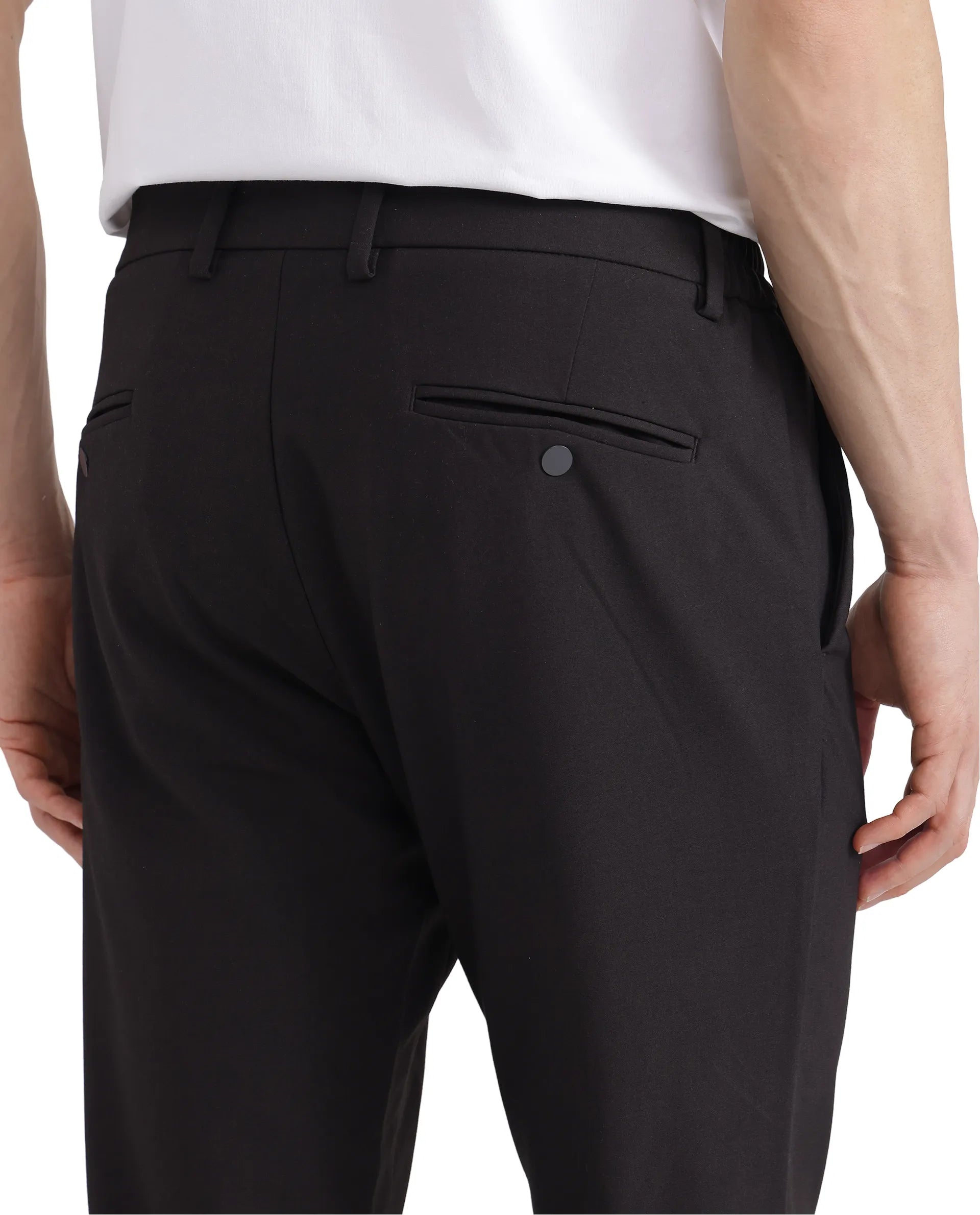 Rare Rabbit Men Travel-26 Dark Brown Cotton Elastane Fabric Button And Zip Closure Plain Trouser