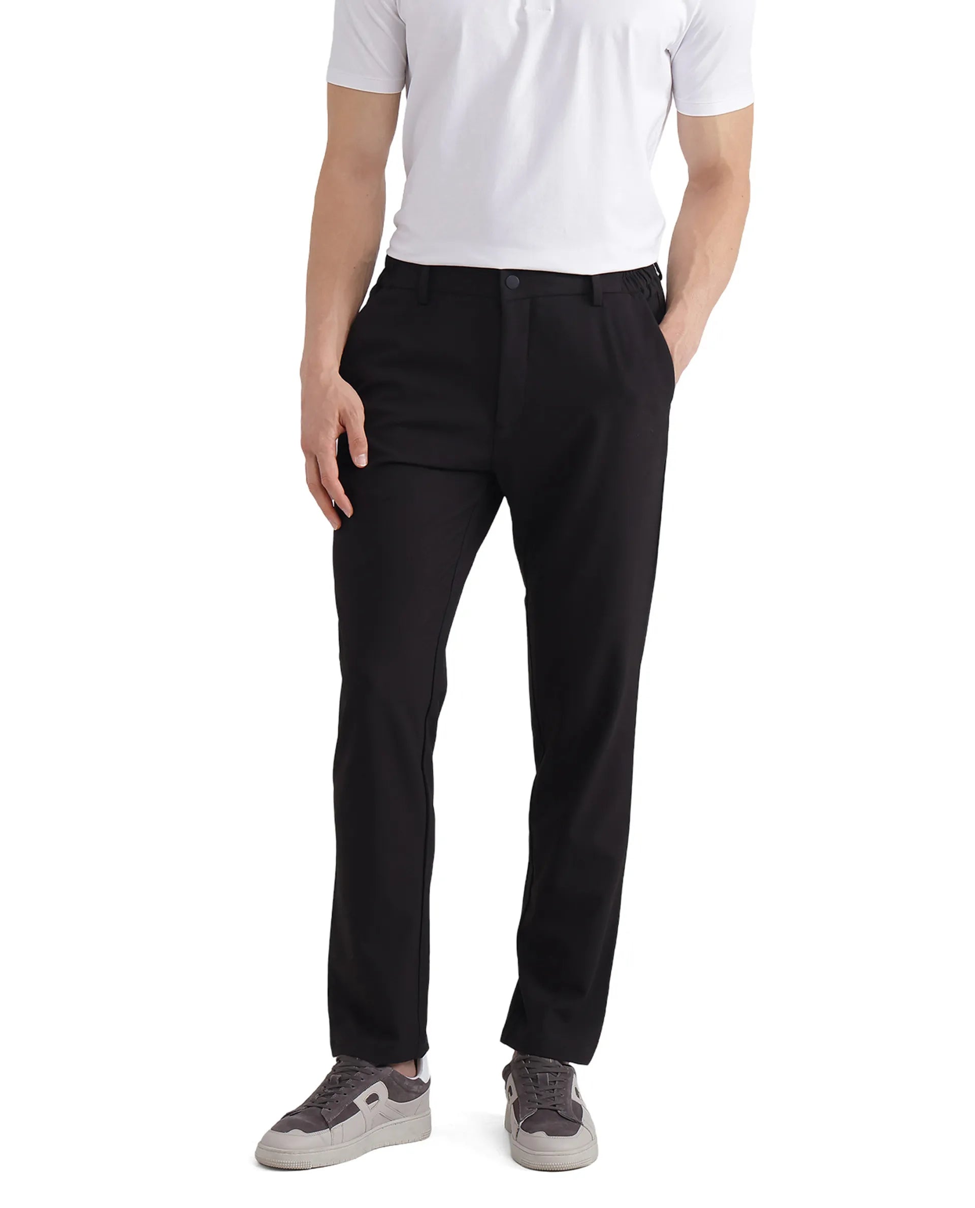 Rare Rabbit Men Travel-26 Dark Brown Cotton Elastane Fabric Button And Zip Closure Plain Trouser