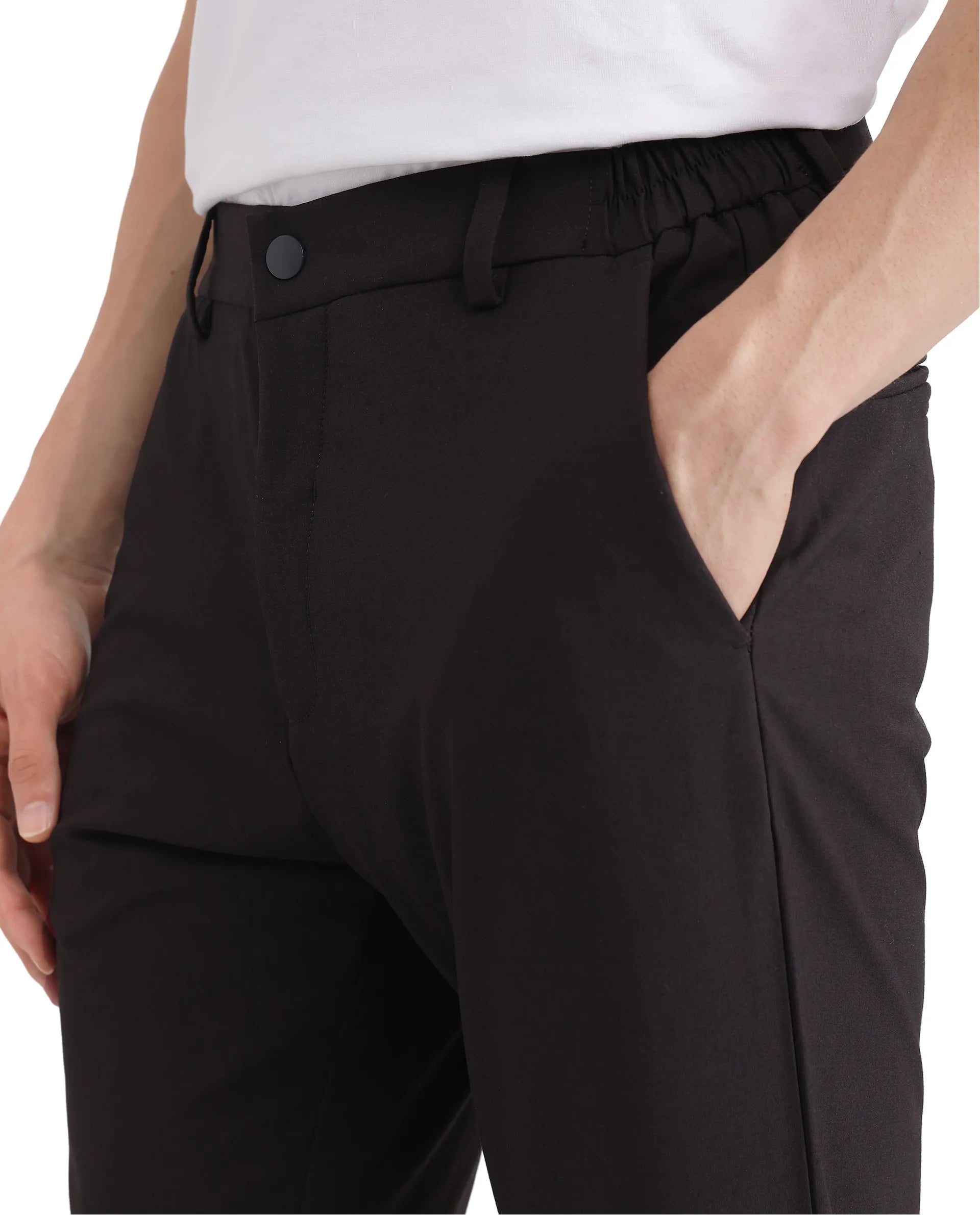 Rare Rabbit Men Travel-26 Dark Brown Cotton Elastane Fabric Button And Zip Closure Plain Trouser