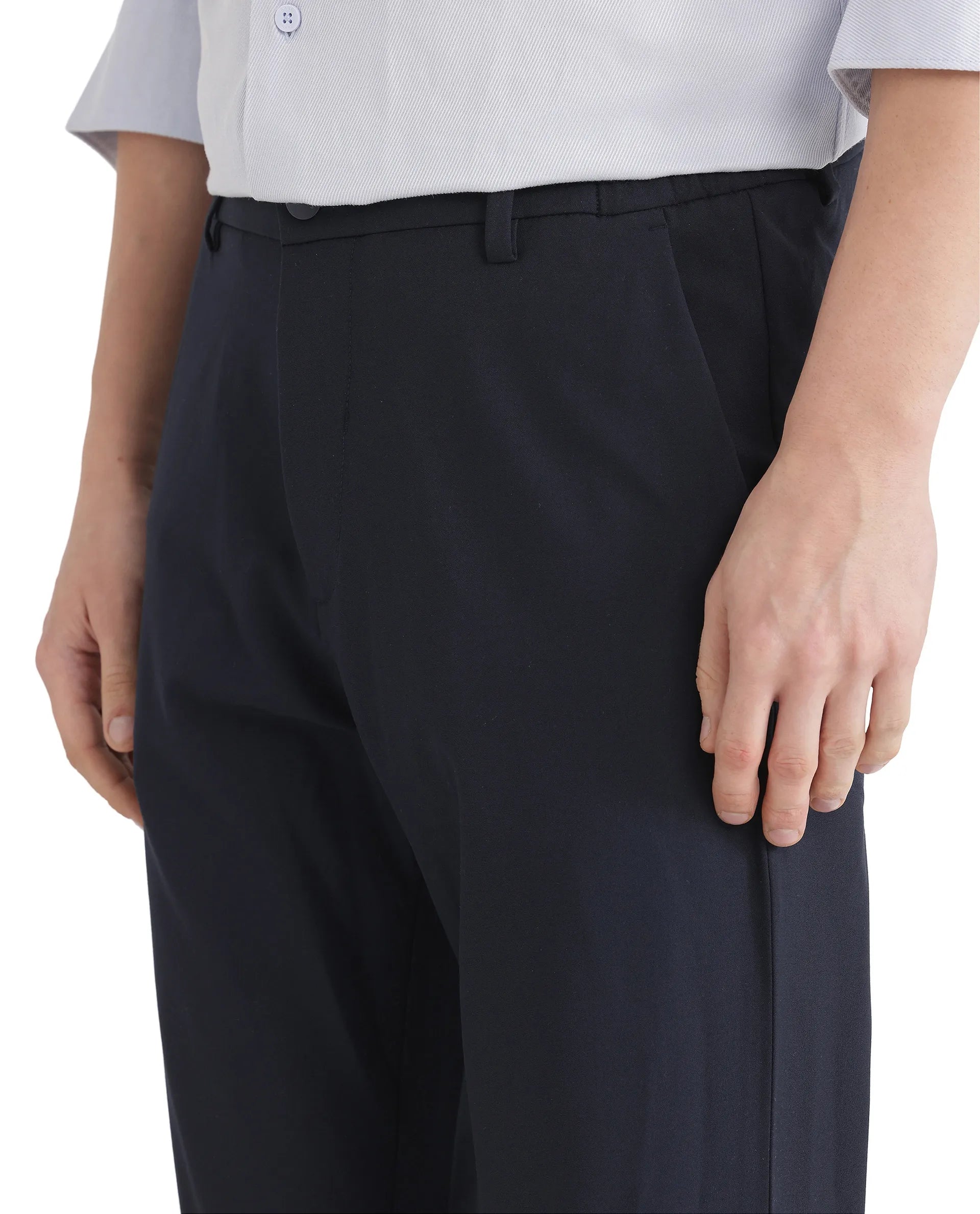 Rare Rabbit Men Travel-26 Navy Cotton Elastane Fabric Button And Zip Closure Plain Trouser