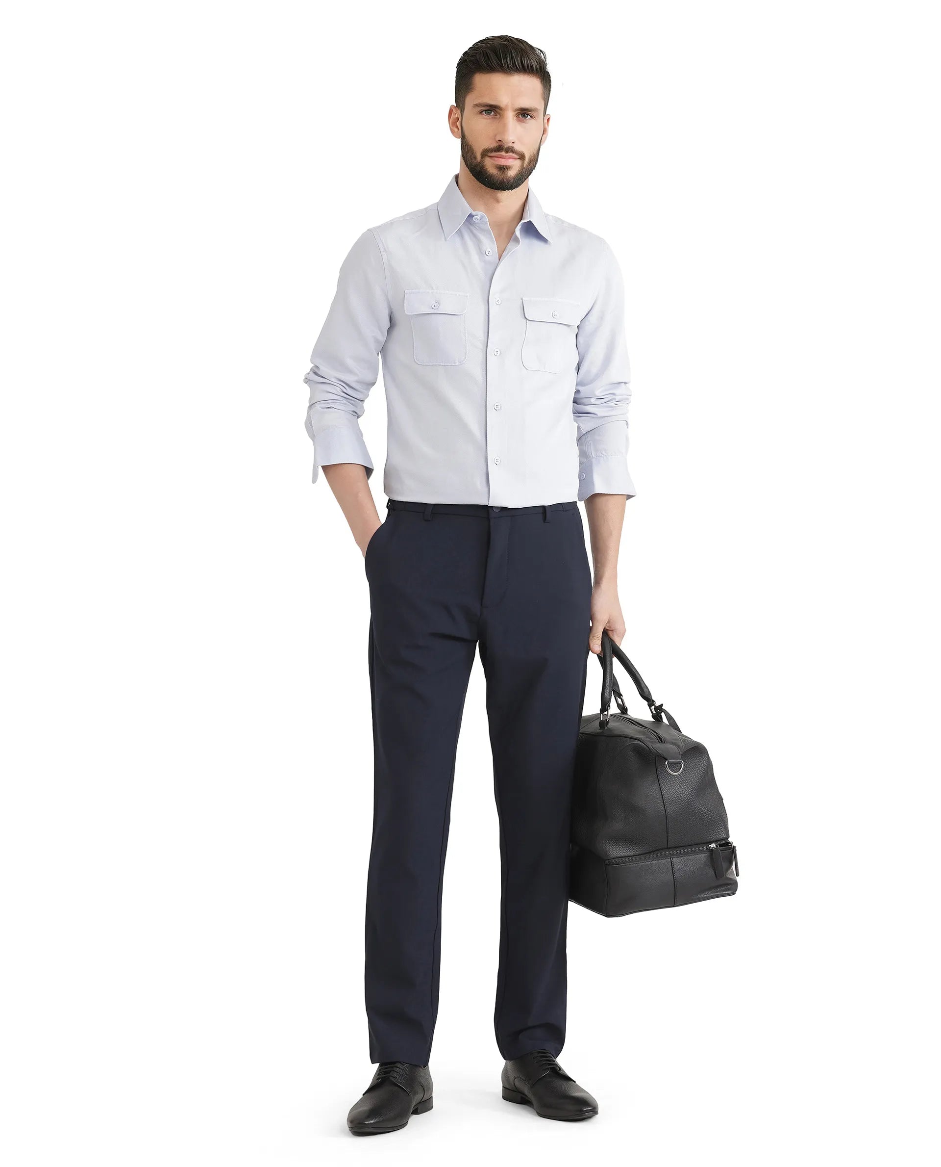 Rare Rabbit Men Travel-26 Navy Cotton Elastane Fabric Button And Zip Closure Plain Trouser