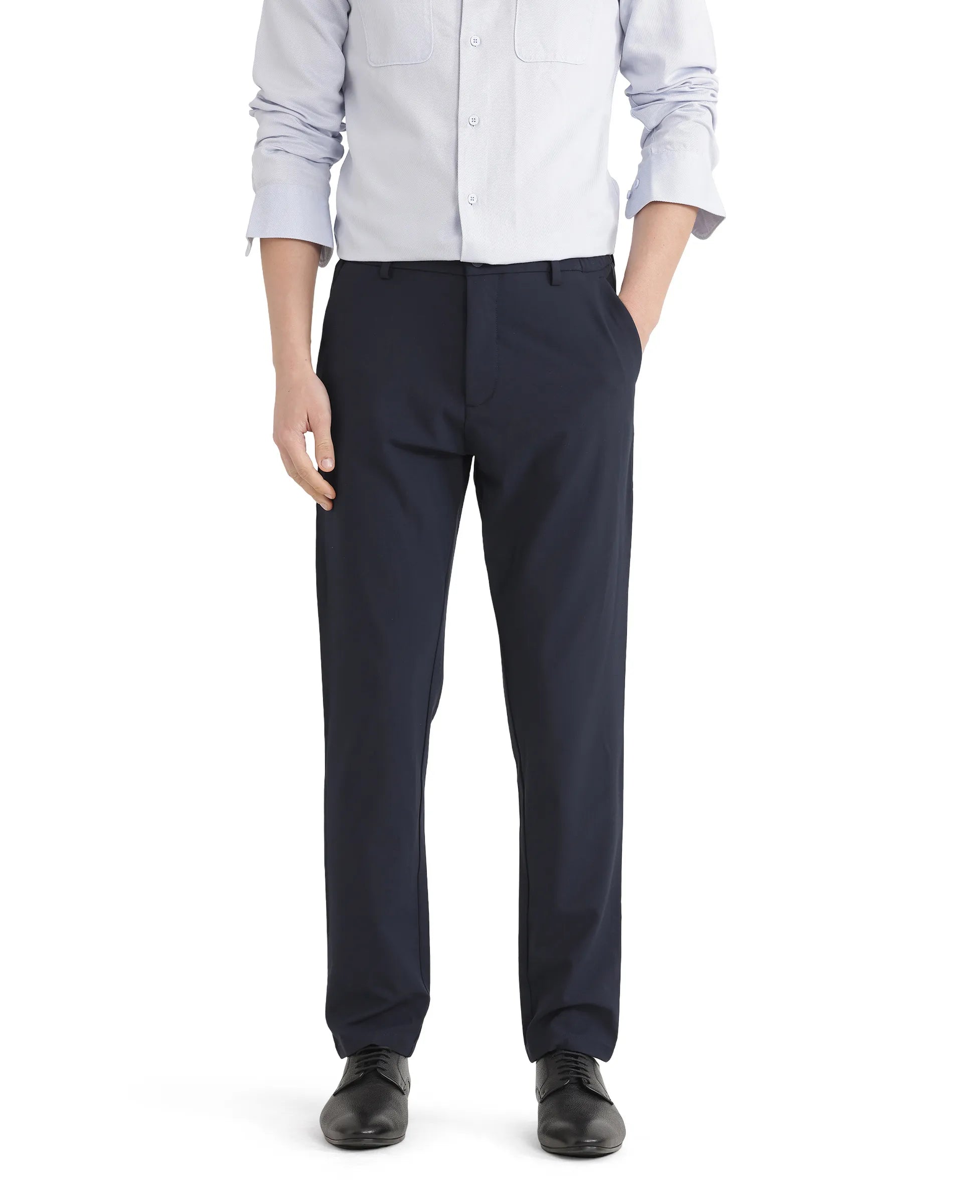 Rare Rabbit Men Travel-26 Navy Cotton Elastane Fabric Button And Zip Closure Plain Trouser