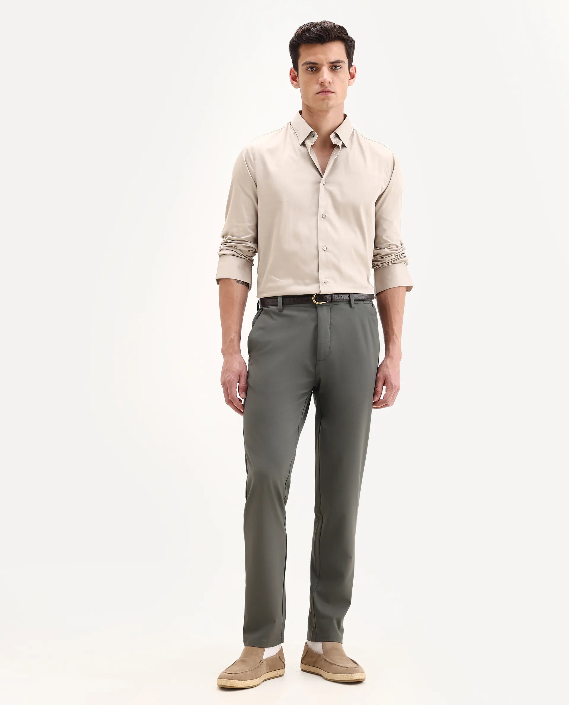 Rare Rabbit Men's Travel-26 Olive Polyester Blend Plain Regular Fit Trouser