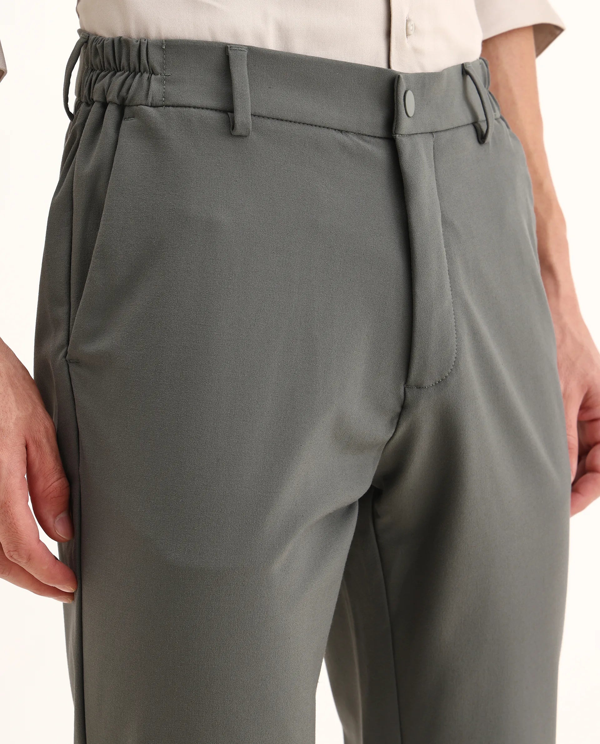 Rare Rabbit Men's Travel-26 Olive Polyester Blend Plain Regular Fit Trouser