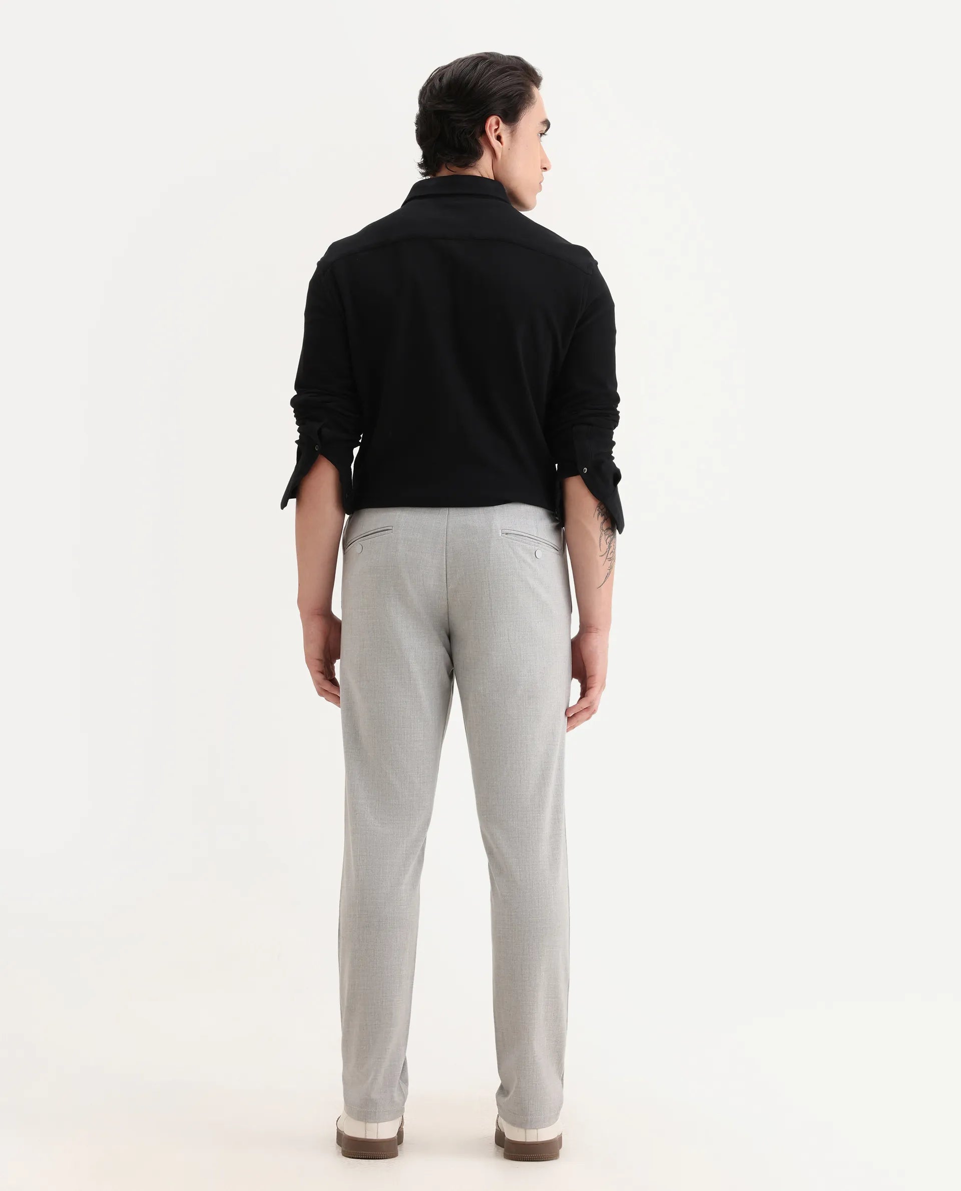 Rare Rabbit Men's Travel-26R Grey Polyester Blend Plain Regular Fit Trouser