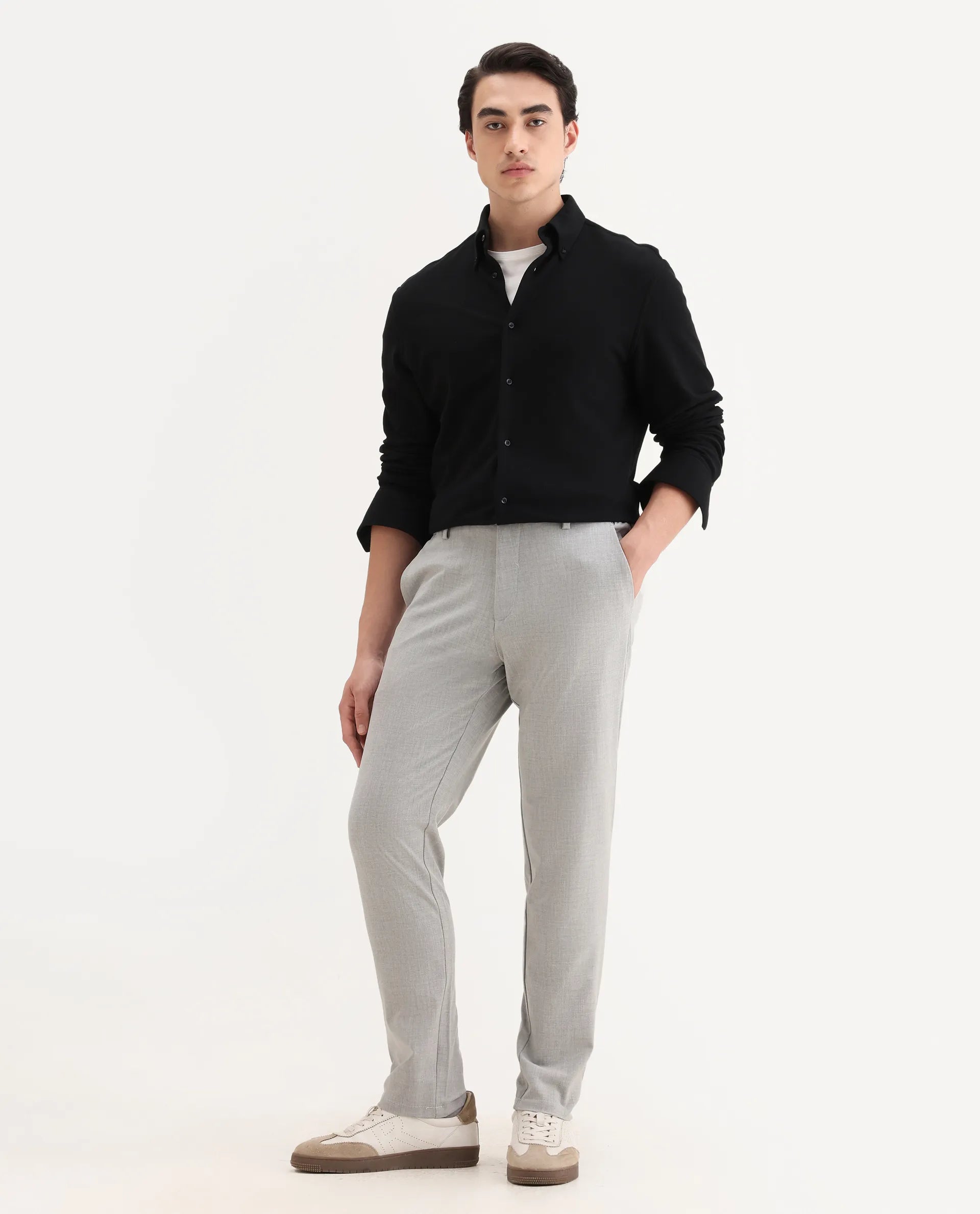 Rare Rabbit Men's Travel-26R Grey Polyester Blend Plain Regular Fit Trouser