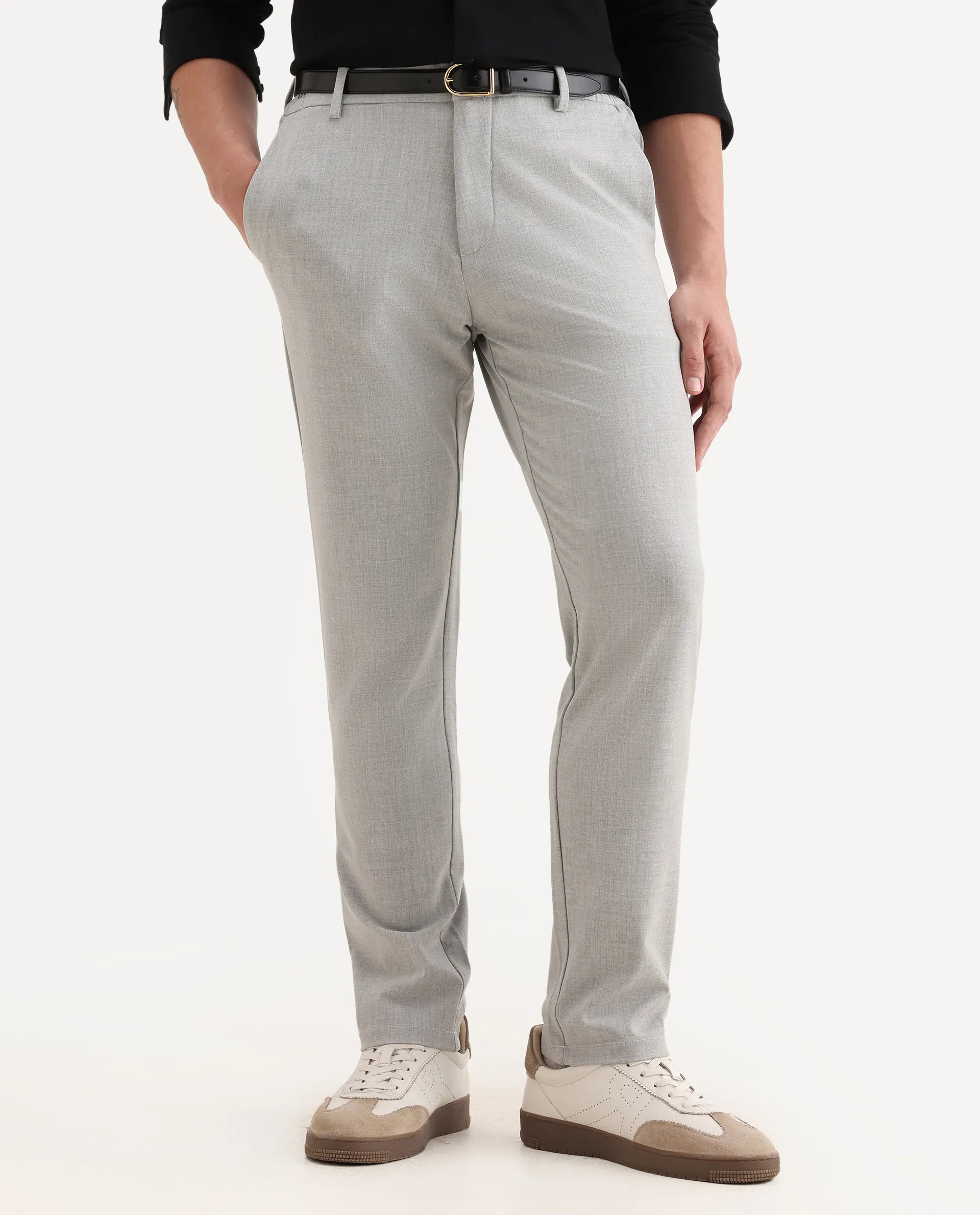 Rare Rabbit Men's Travel-26R Grey Polyester Blend Plain Regular Fit Trouser