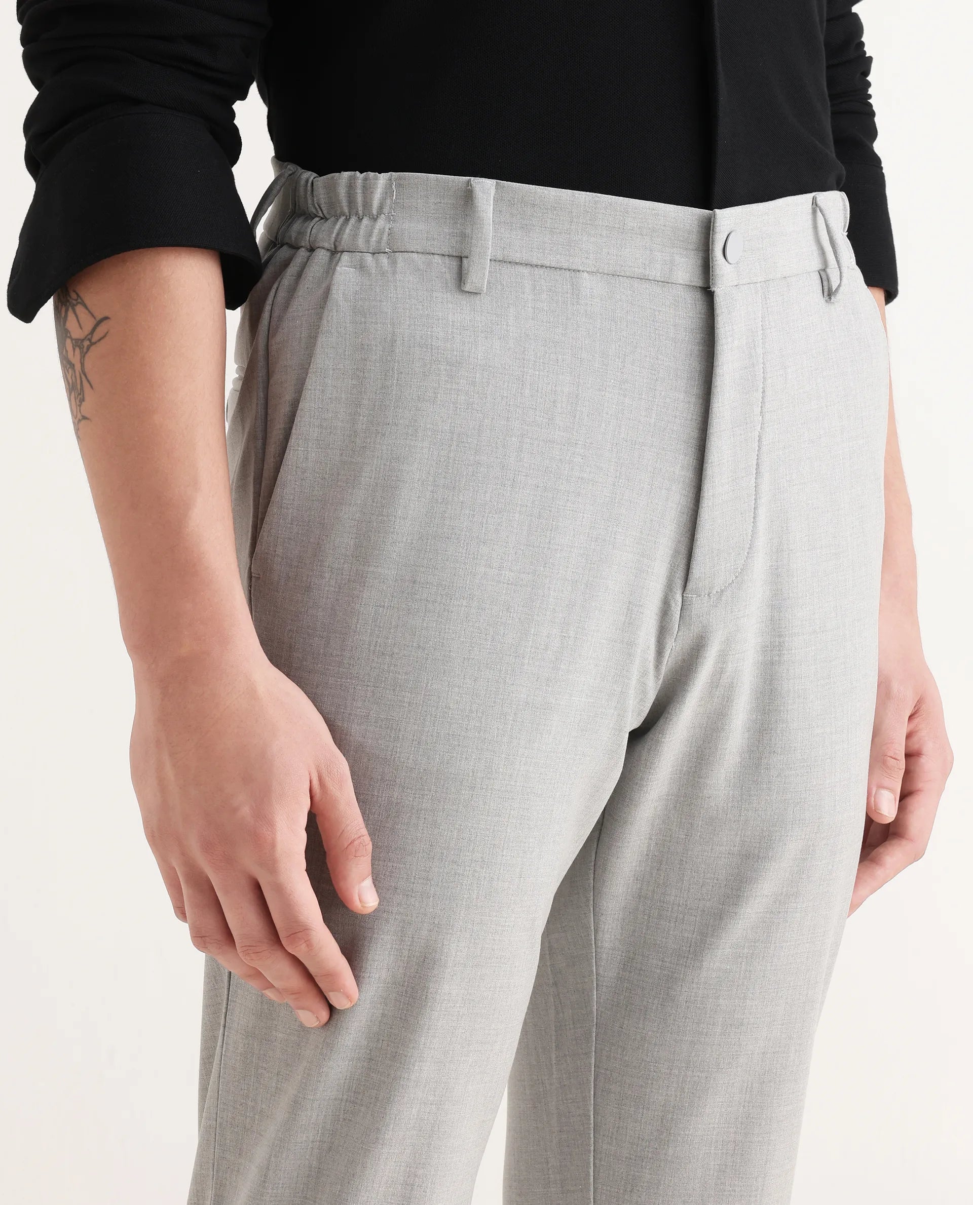 Rare Rabbit Men's Travel-26R Grey Polyester Blend Plain Regular Fit Trouser