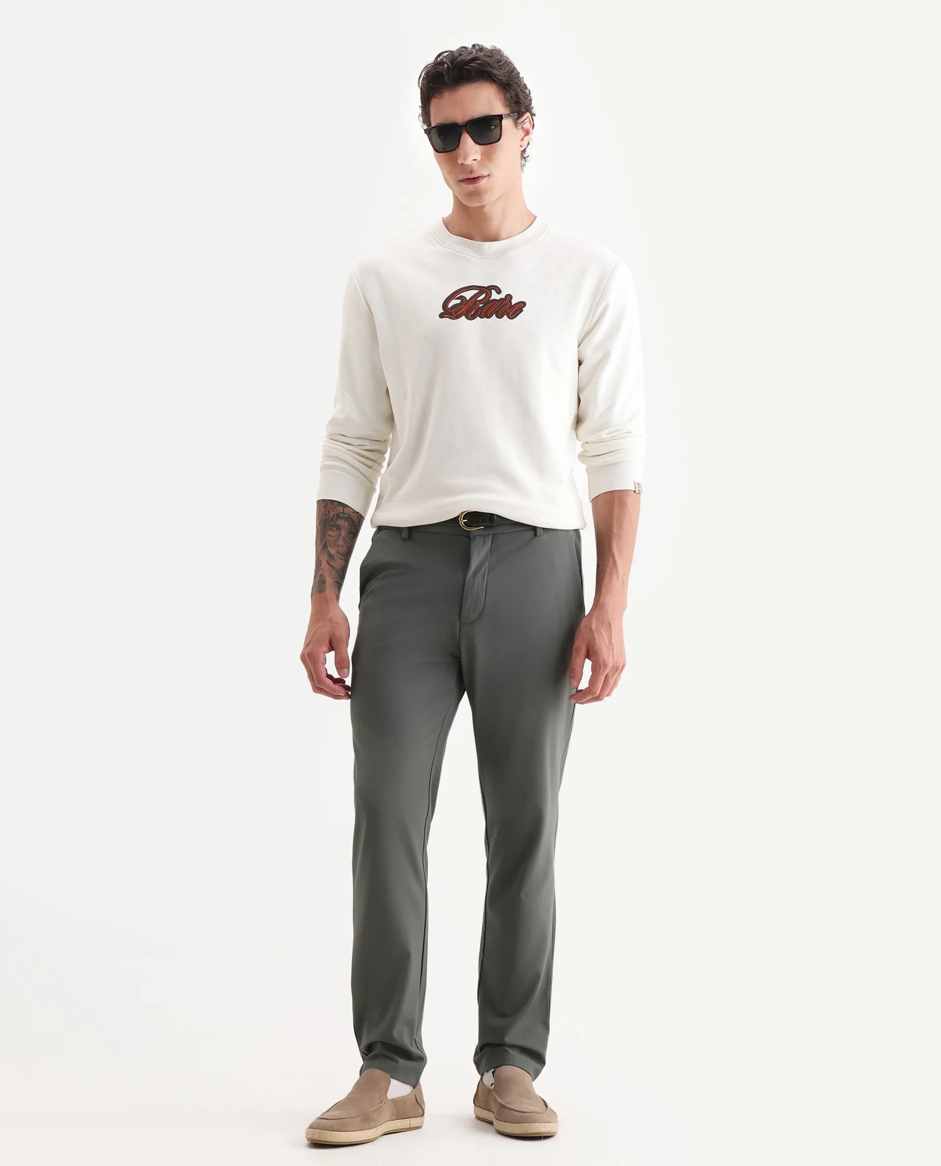 Rare Rabbit Men's Travel-26R Olive Polyester Blend Plain Regular Fit Trouser