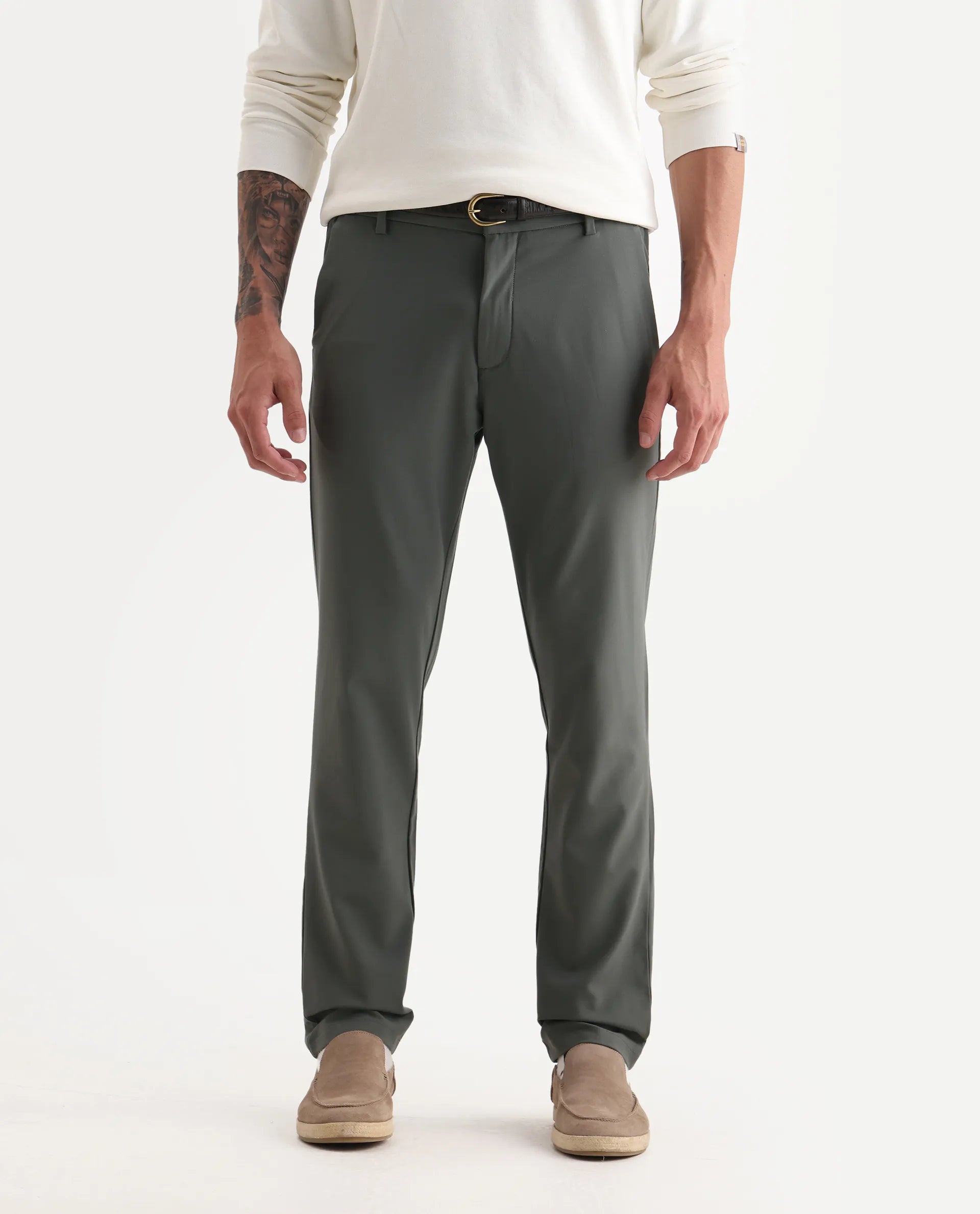 Rare Rabbit Men's Travel-26R Olive Polyester Blend Plain Regular Fit Trouser