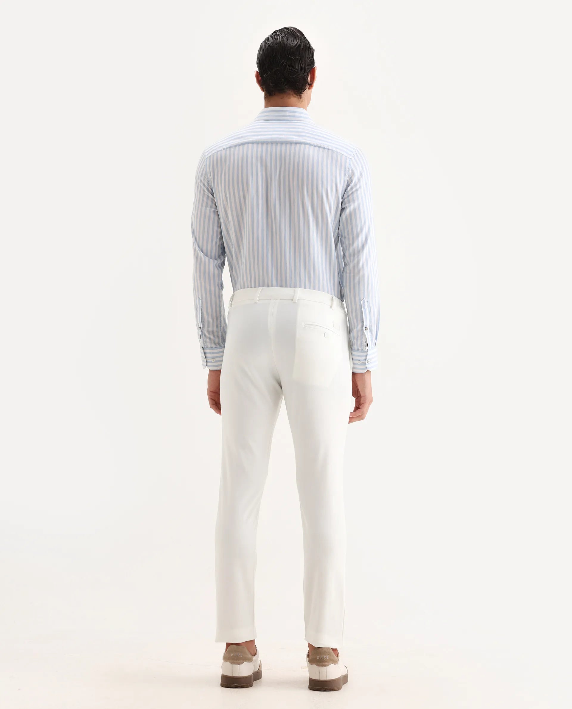 Rare Rabbit Men's Travel-2 White Solid Mid-Rise Slim Fit Stretch Trousers
