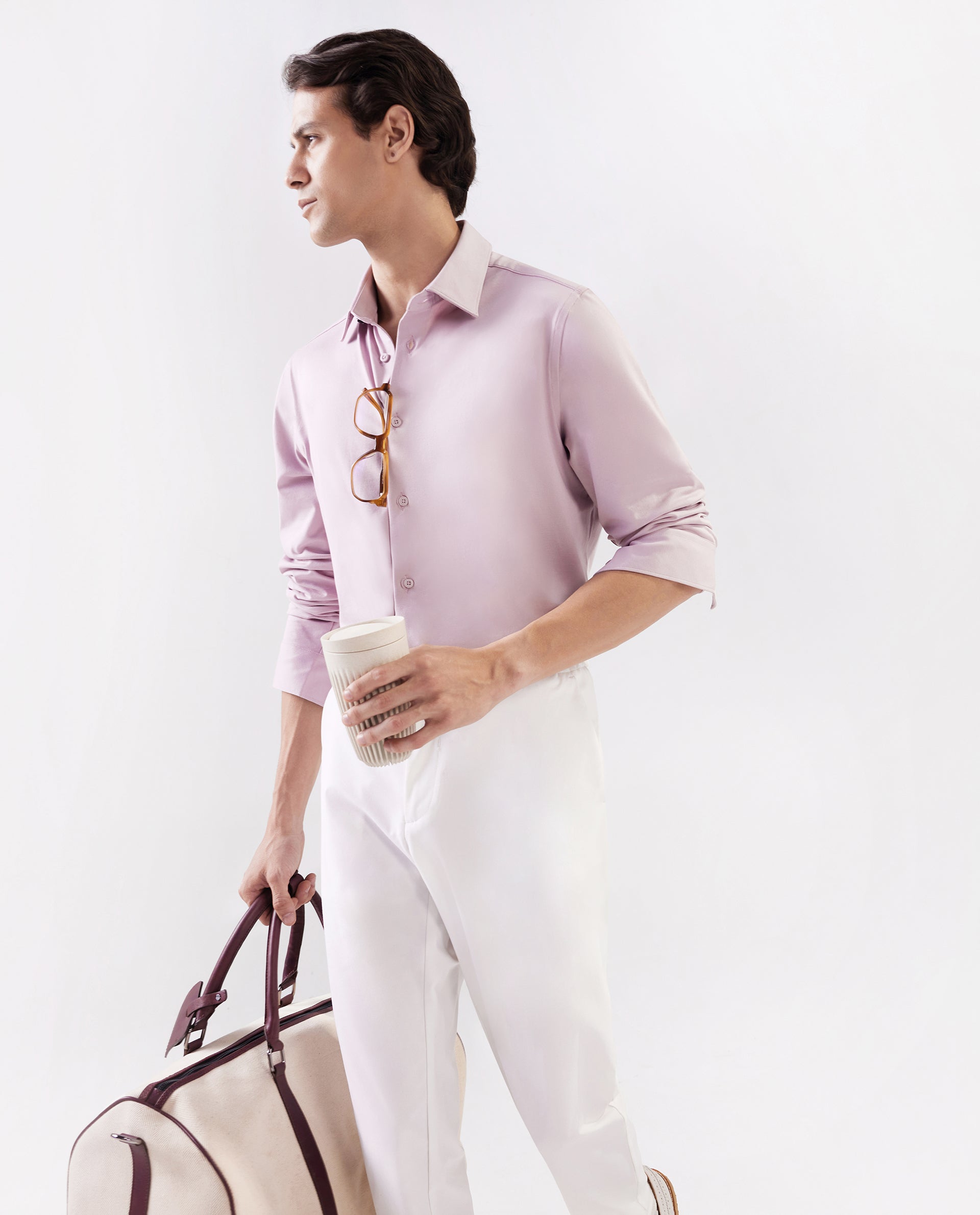 Rare Rabbit Men Tour Pastel Pink Cotton Polyester Elastane Fabric Full Sleeve Collared Collar Button Closure Plain Knitted Formal Shirt