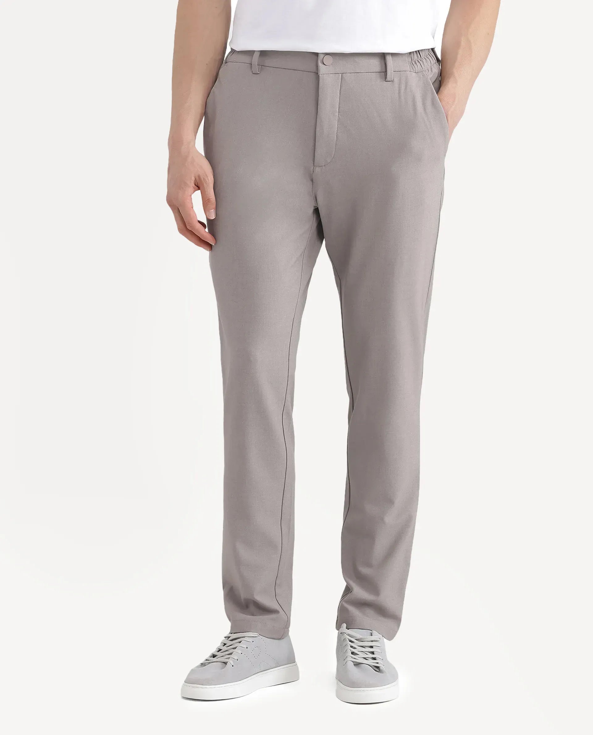 Rare Rabbit Men Travel-Stk Dark Beige Polyester Fabric Button And Zip Closure Closure Plain Trouser
