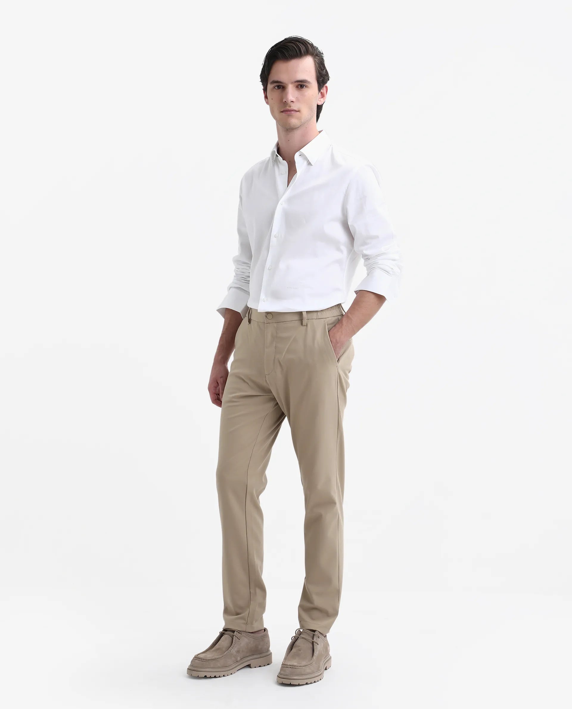Rare Rabbit Men's Travel-Stk Light Beige Polyester Blend Plain Regular Fit Trouser