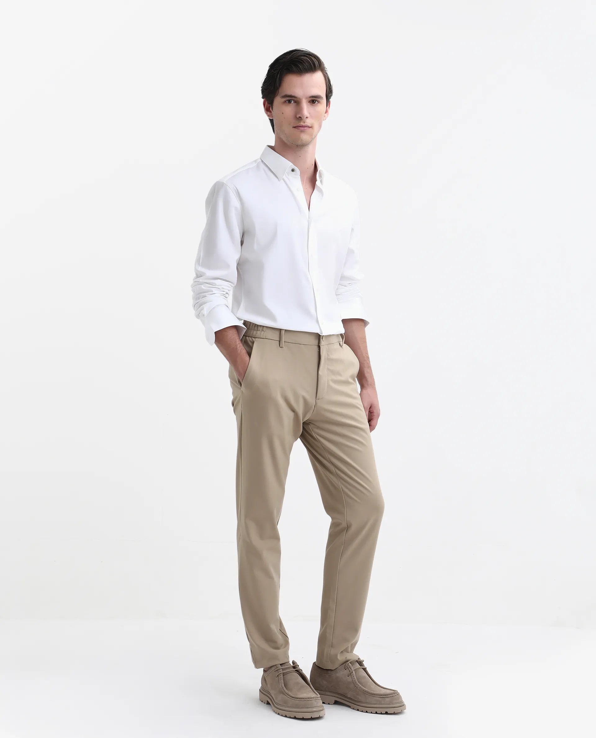 Rare Rabbit Men's Travel-Stk Light Beige Polyester Blend Plain Regular Fit Trouser