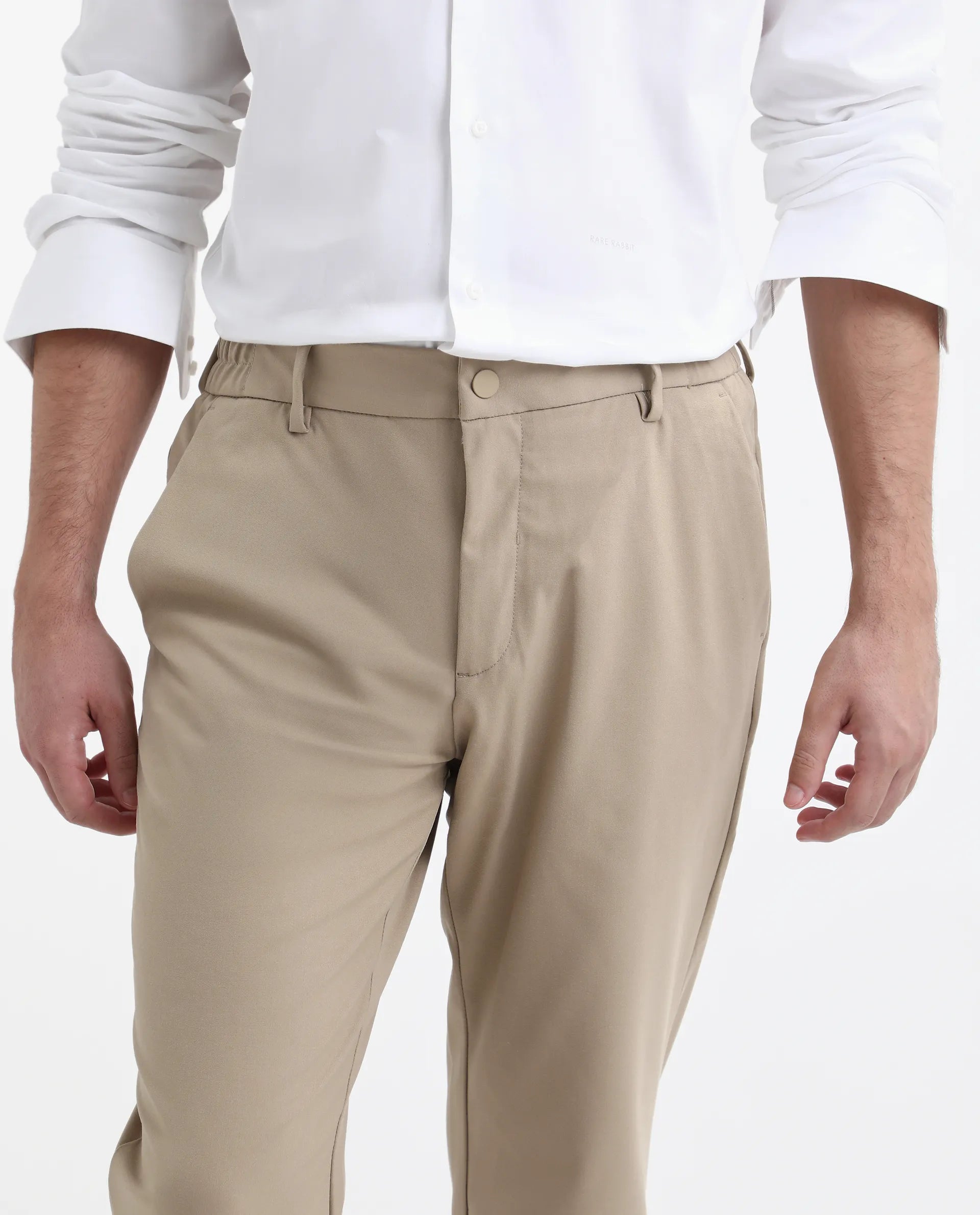 Rare Rabbit Men's Travel-Stk Light Beige Polyester Blend Plain Regular Fit Trouser
