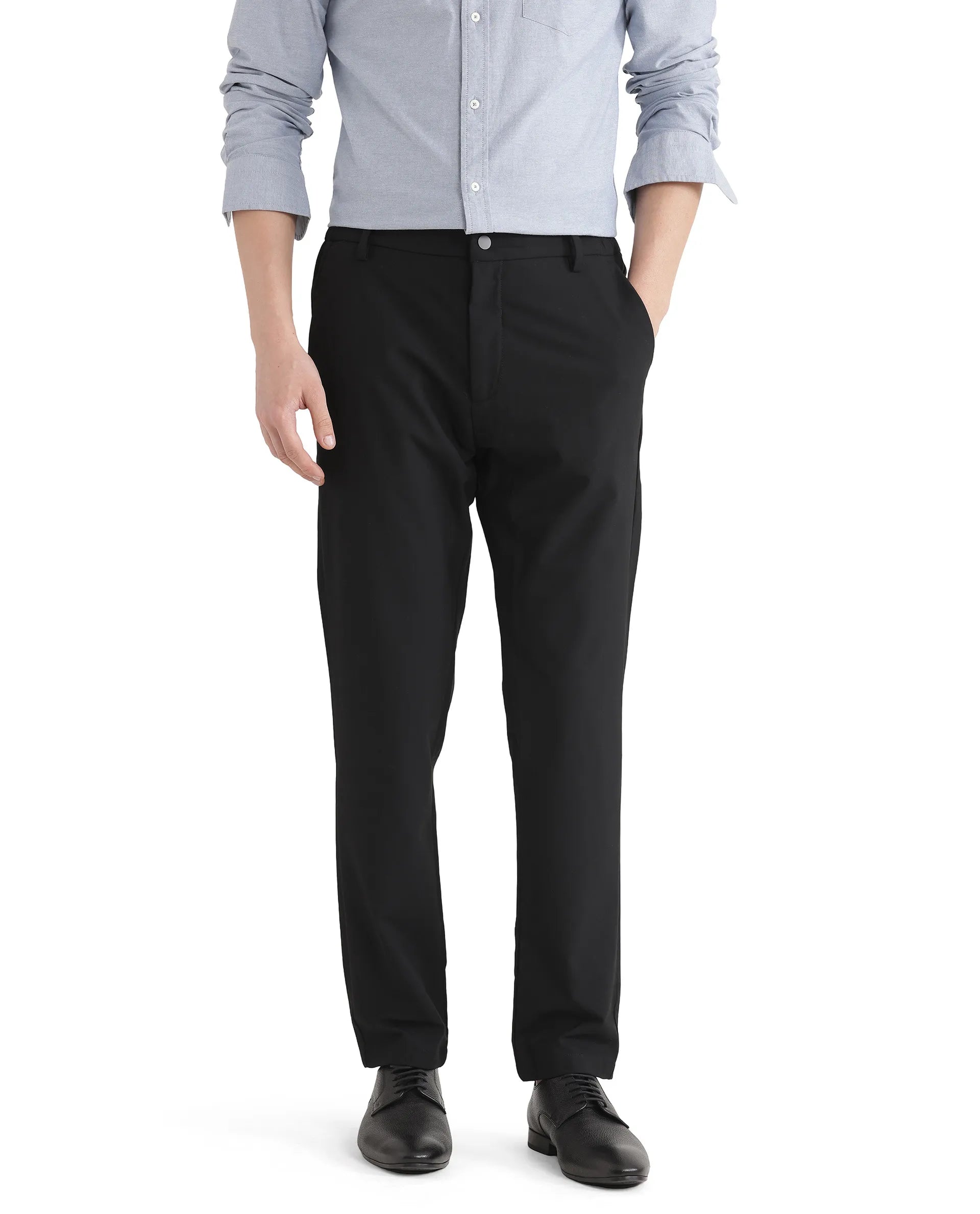 Rare Rabbit Men Travel-Uni Black Polyester Viscose Fabric Button And Zip Closure Plain Trouser