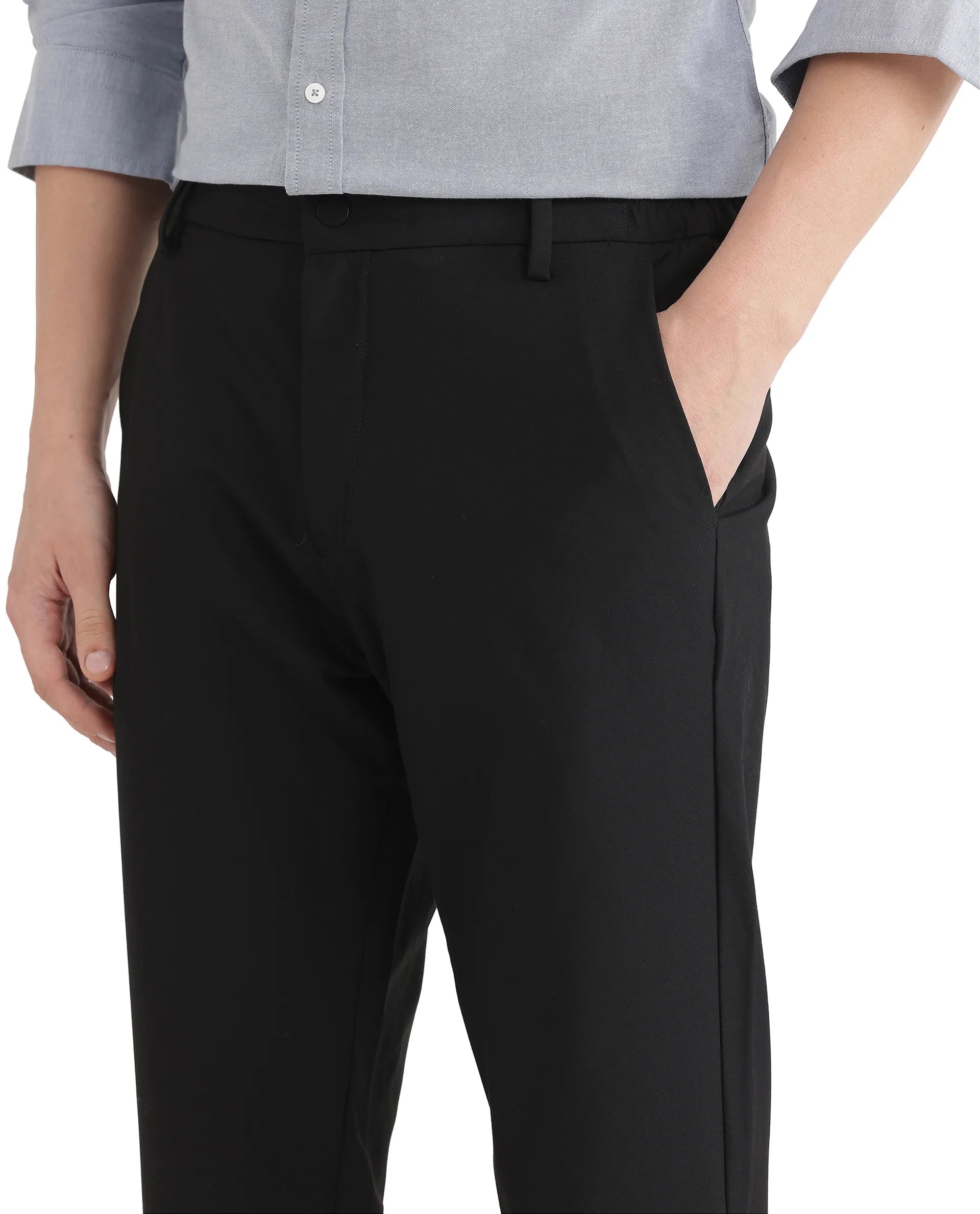 Rare Rabbit Men Travel-Uni Black Polyester Viscose Fabric Button And Zip Closure Plain Trouser