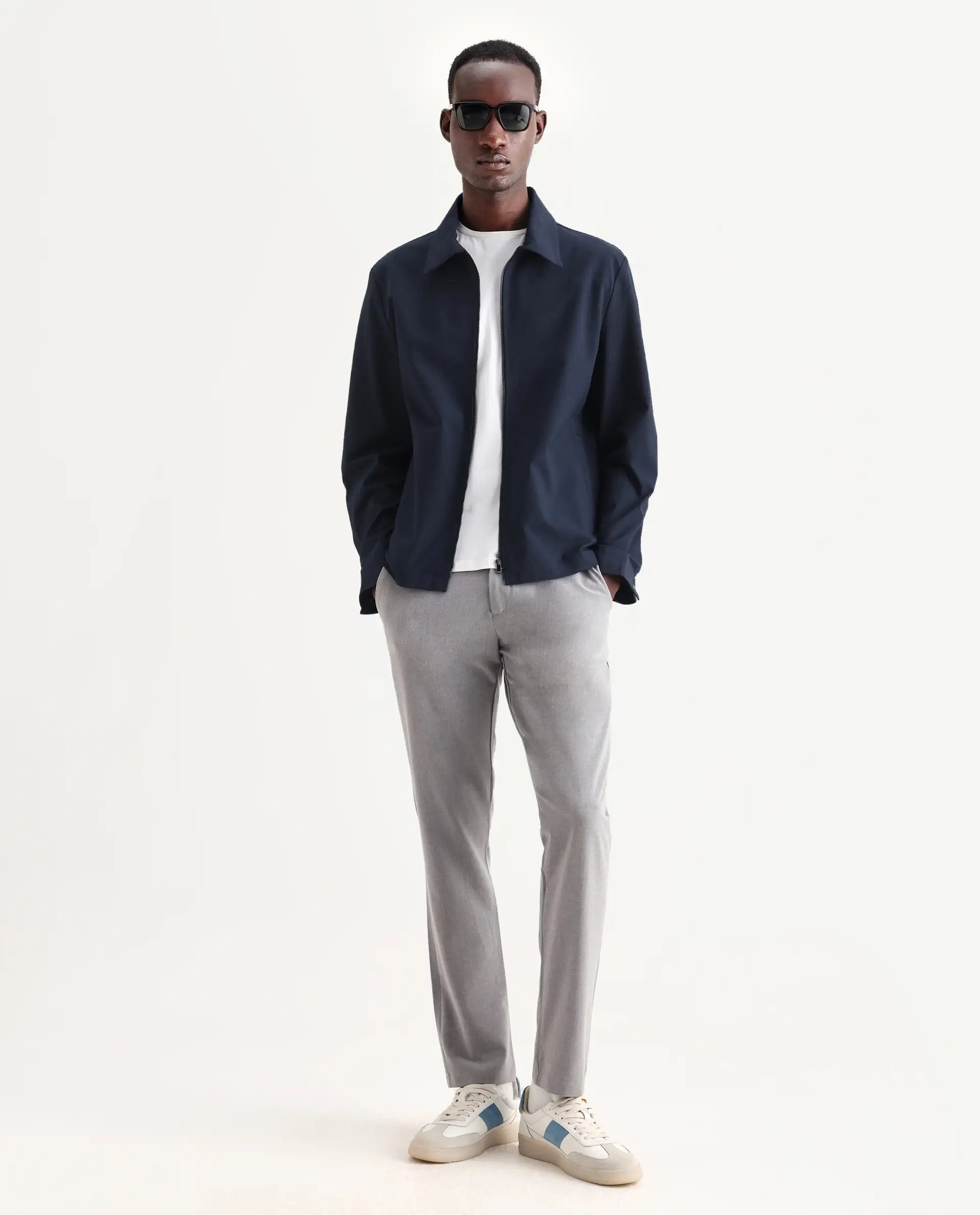 Rare Rabbit Men's Travel-24 Grey Poly Viscose Lycra Fabric Blend Solid Trousers