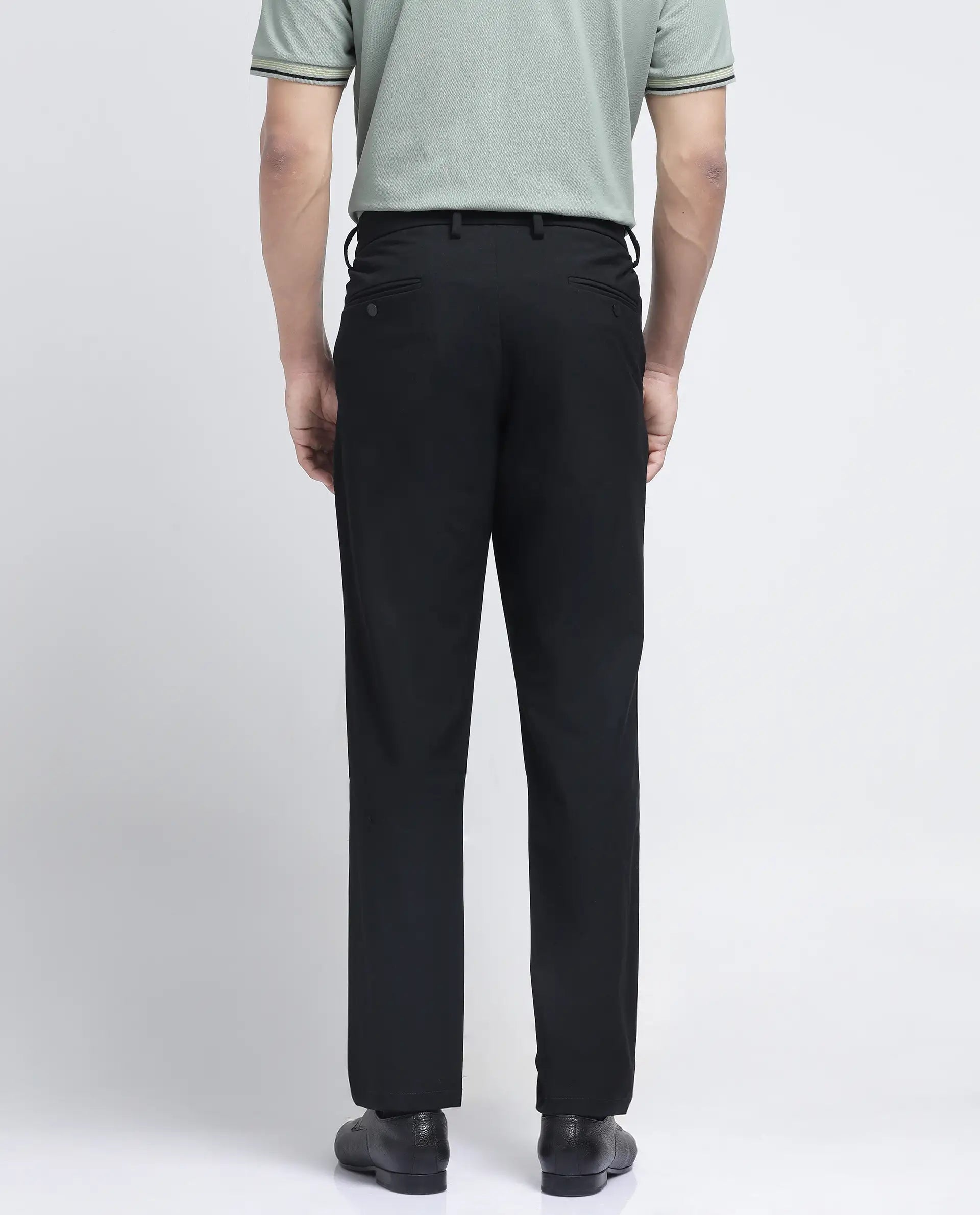 Rare Rabbit Men Travel-26R Black Polyester Blend Fabric Button Closure Plain Trouser