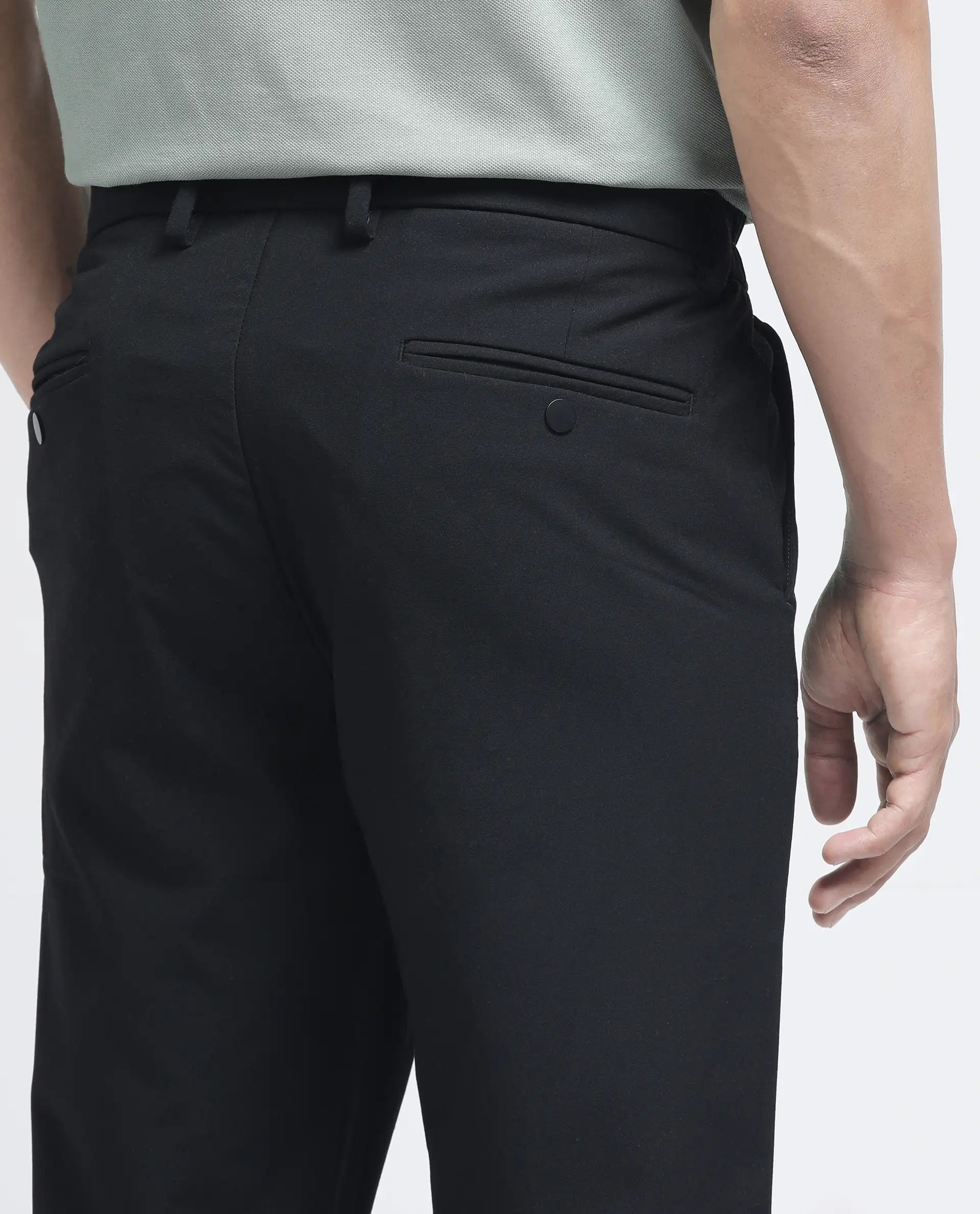 Rare Rabbit Men Travel-26R Black Polyester Blend Fabric Button Closure Plain Trouser