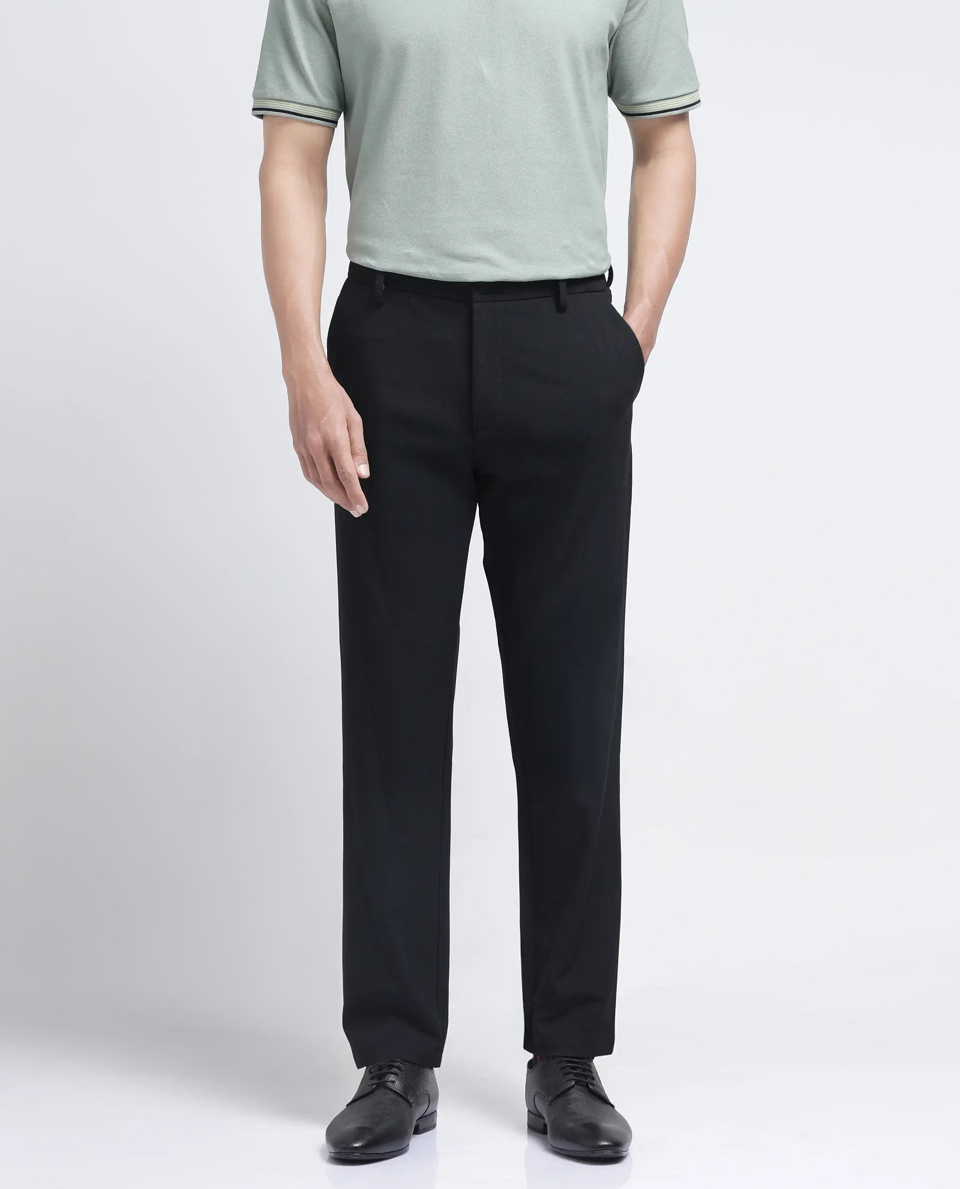 Rare Rabbit Men Travel-26R Black Polyester Blend Fabric Button Closure Plain Trouser