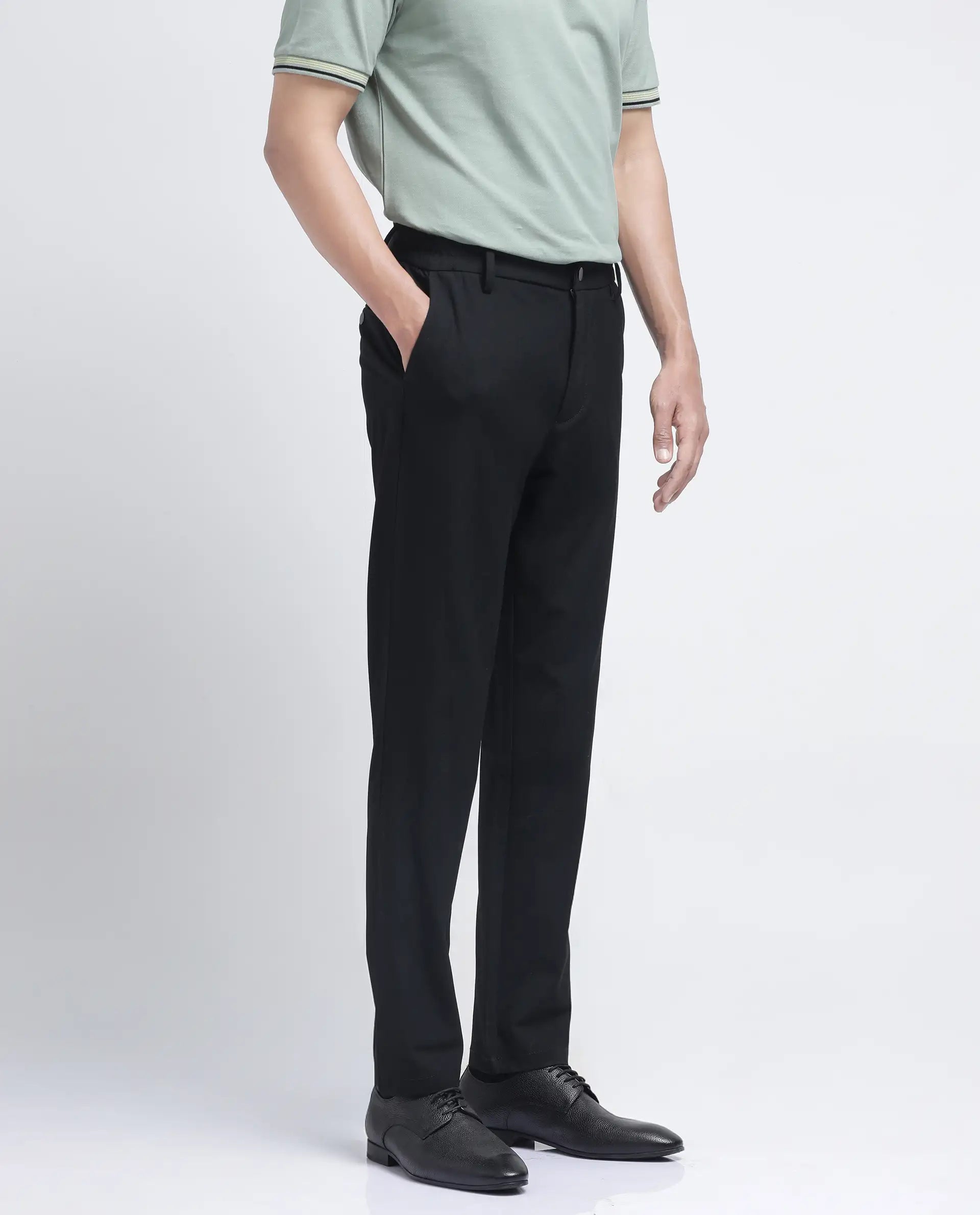 Rare Rabbit Men Travel-26R Black Polyester Blend Fabric Button Closure Plain Trouser