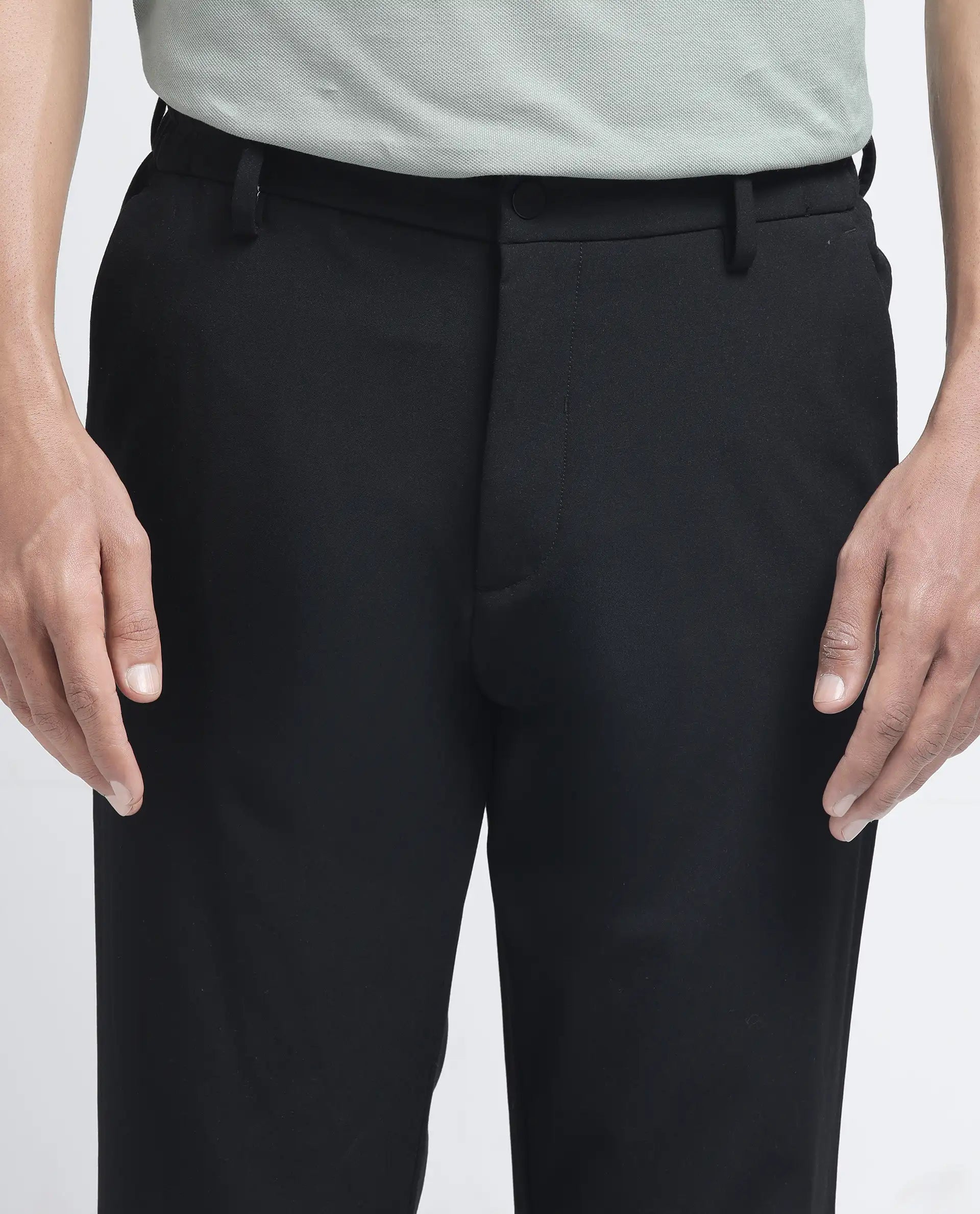 Rare Rabbit Men Travel-26R Black Polyester Blend Fabric Button Closure Plain Trouser