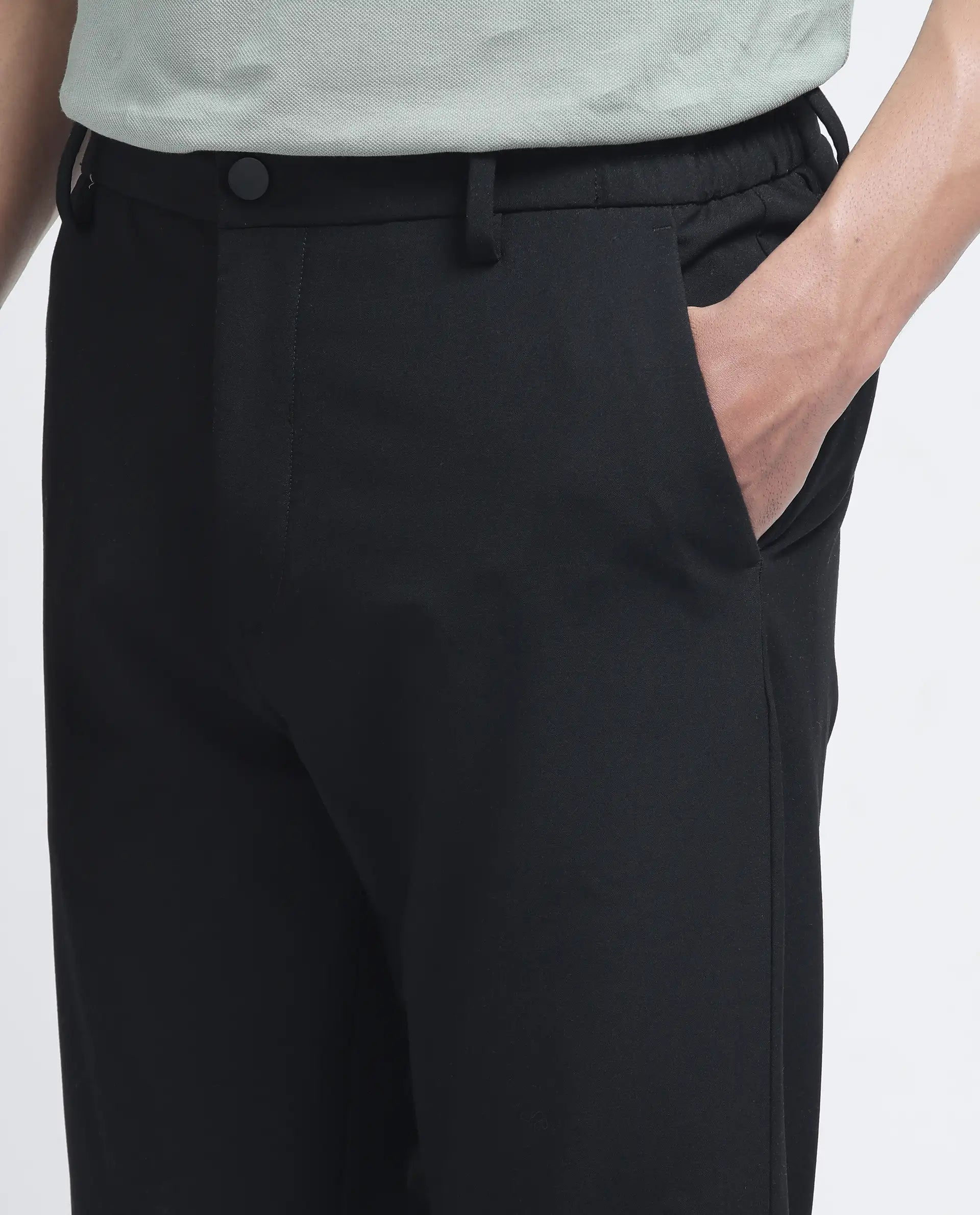 Rare Rabbit Men Travel-26R Black Polyester Blend Fabric Button Closure Plain Trouser