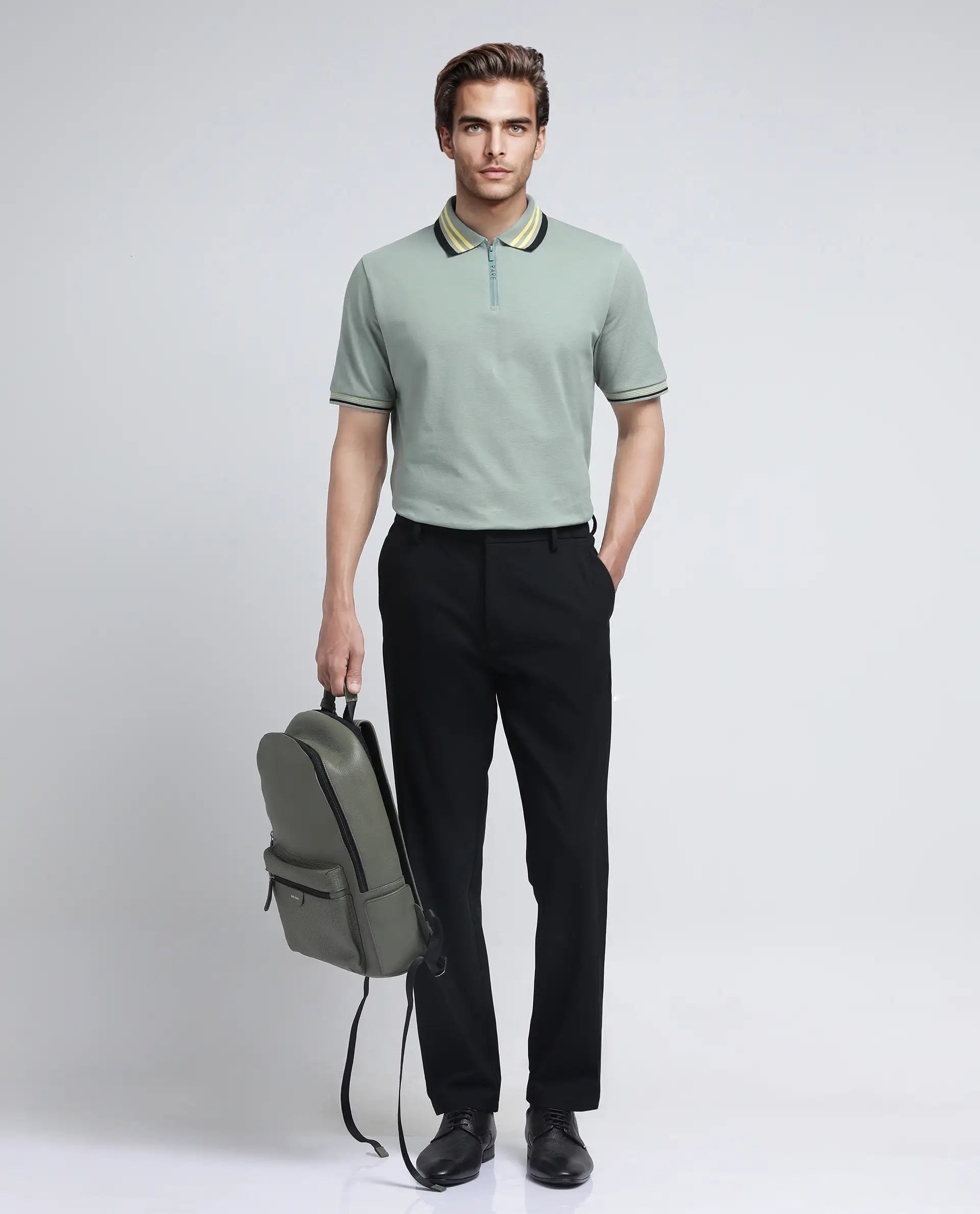 Rare Rabbit Men Travel-26R Black Polyester Blend Fabric Button Closure Plain Trouser