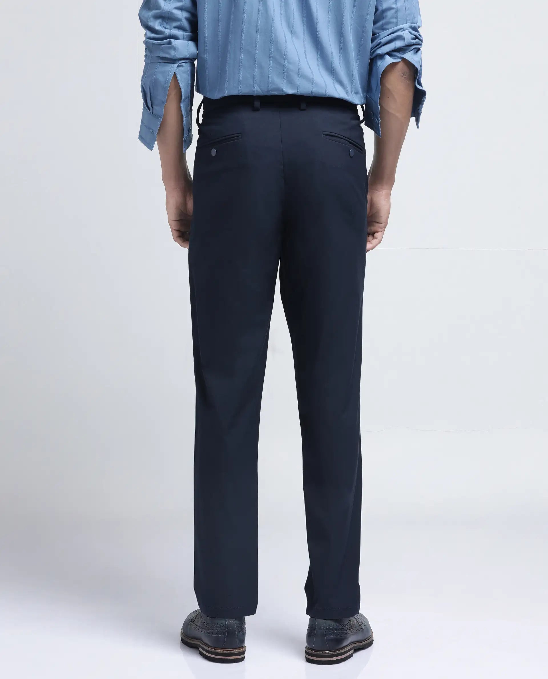 Rare Rabbit Men Travel-26R Navy Polyester Blend Fabric Button Closure Plain Trouser