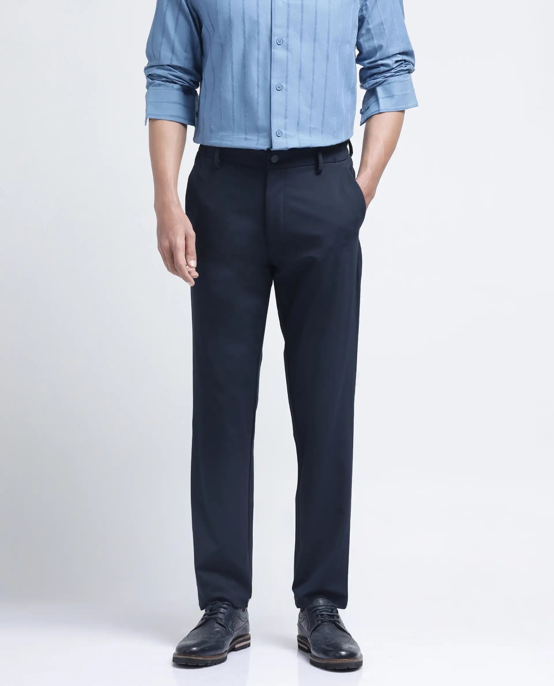 Rare Rabbit Men Travel-26R Navy Polyester Blend Fabric Button Closure Plain Trouser