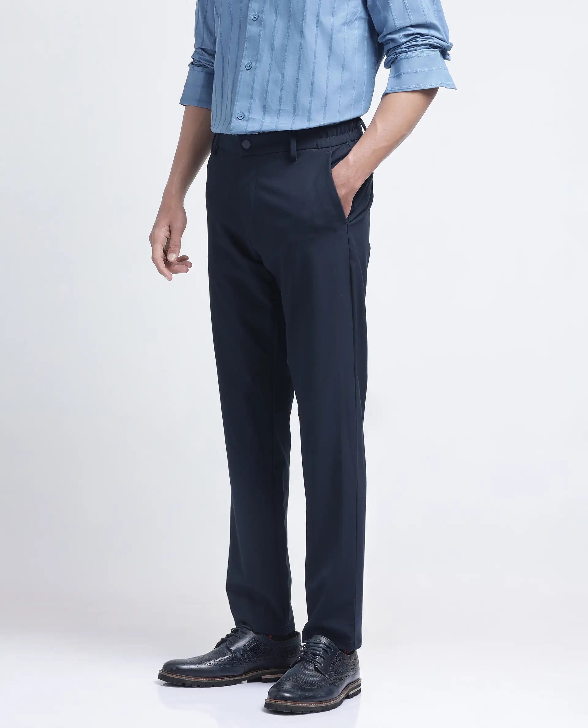 Rare Rabbit Men Travel-26R Navy Polyester Blend Fabric Button Closure Plain Trouser