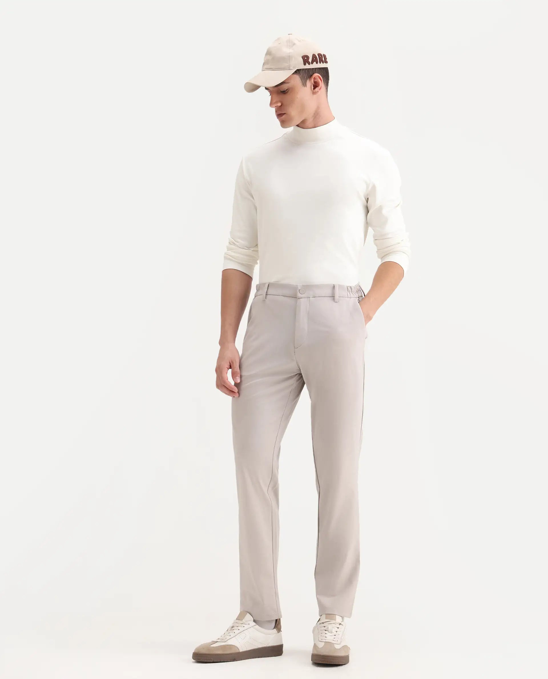 Rare Rabbit Men's Travel-26R Light Beige Polyester Blend Plain Regular Fit Trouser