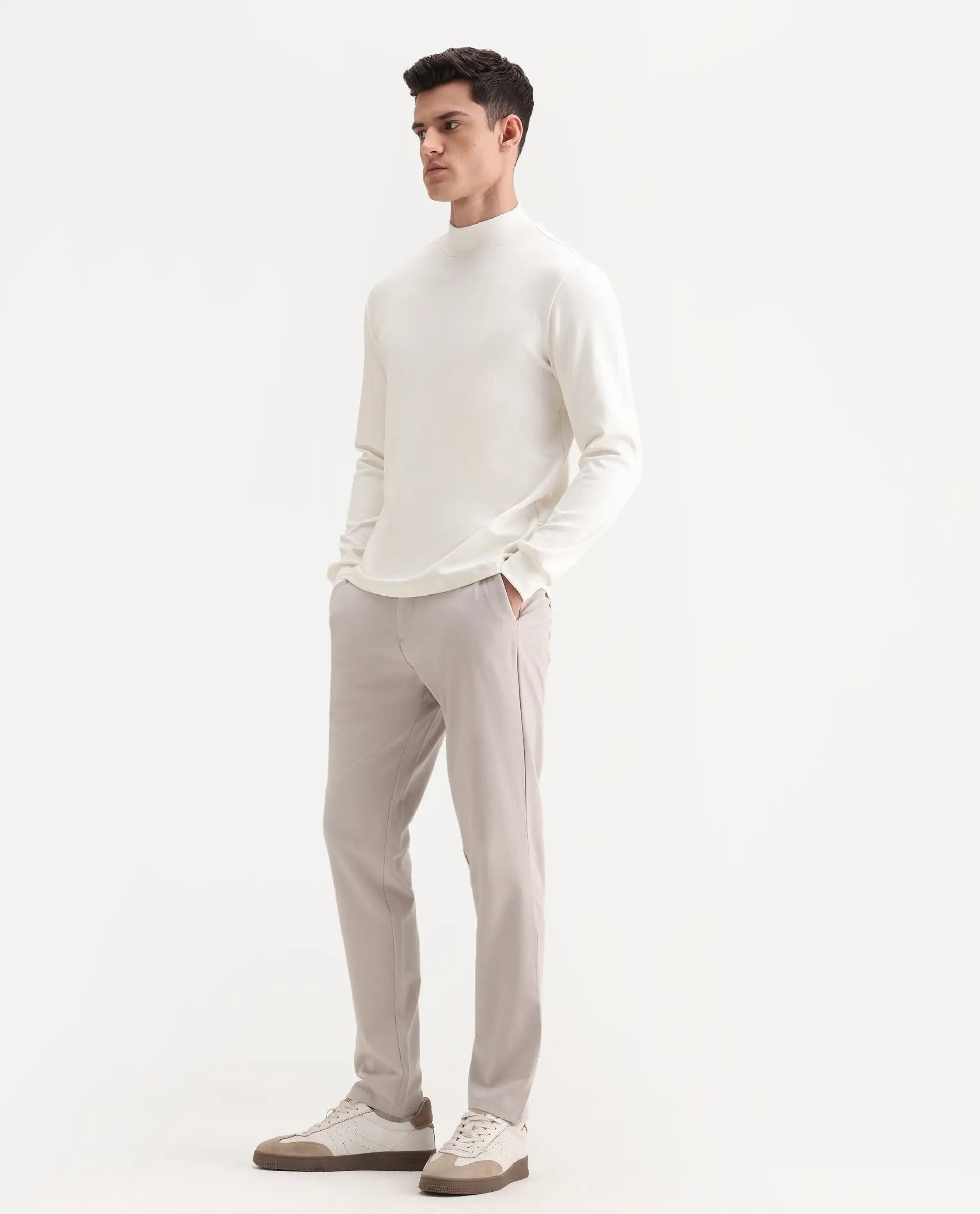 Rare Rabbit Men's Travel-26R Light Beige Polyester Blend Plain Regular Fit Trouser