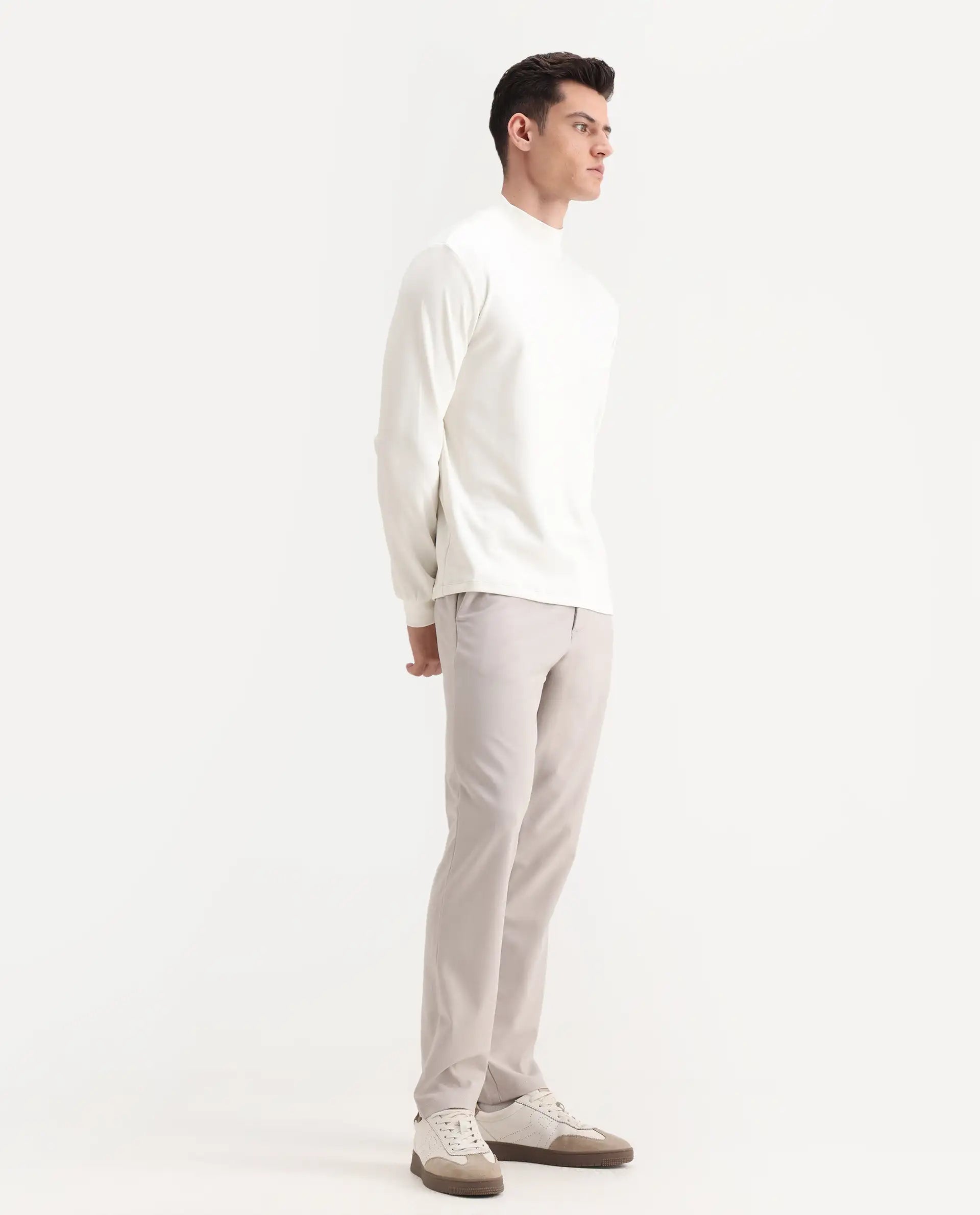 Rare Rabbit Men's Travel-26R Light Beige Polyester Blend Plain Regular Fit Trouser