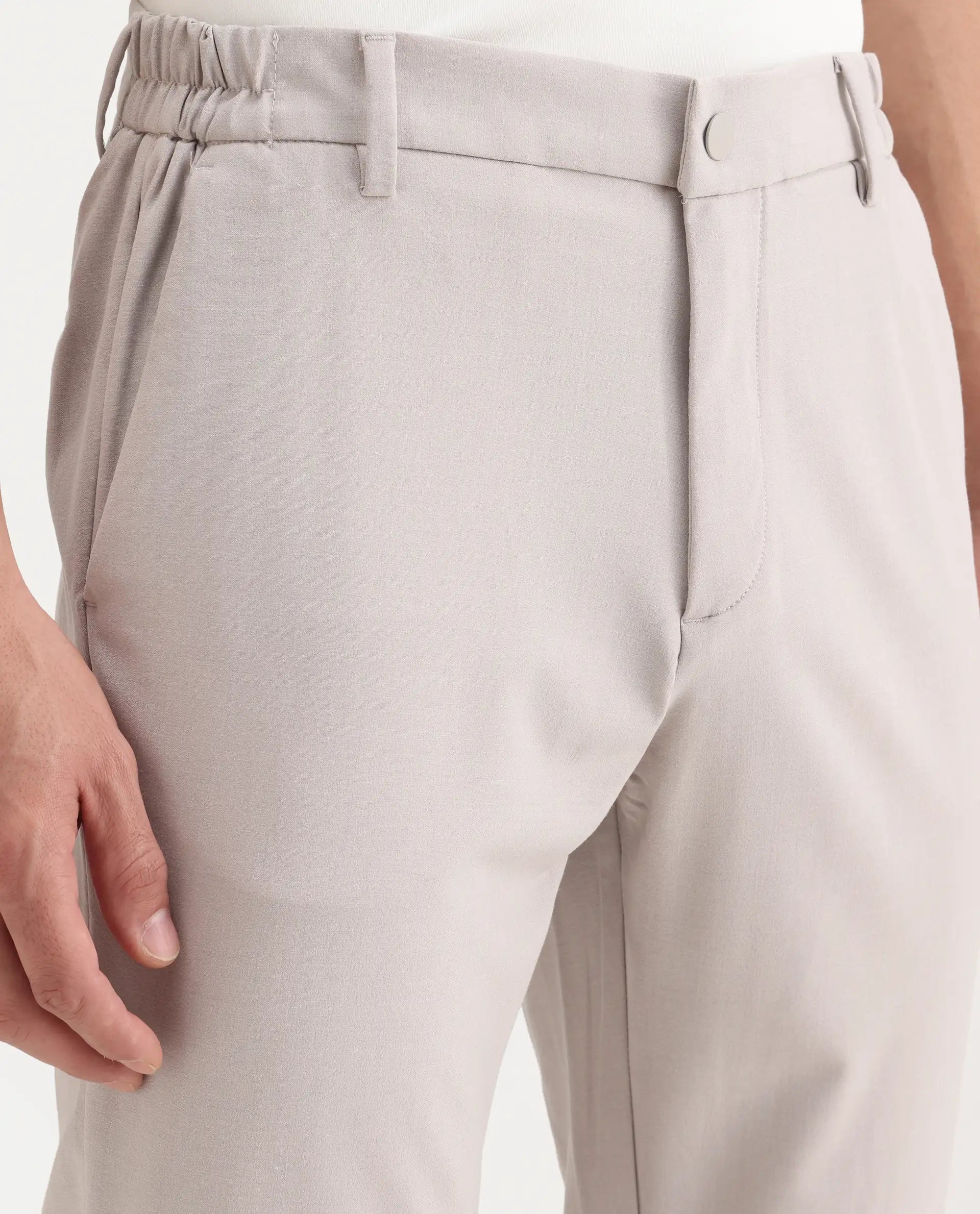 Rare Rabbit Men's Travel-26R Light Beige Polyester Blend Plain Regular Fit Trouser