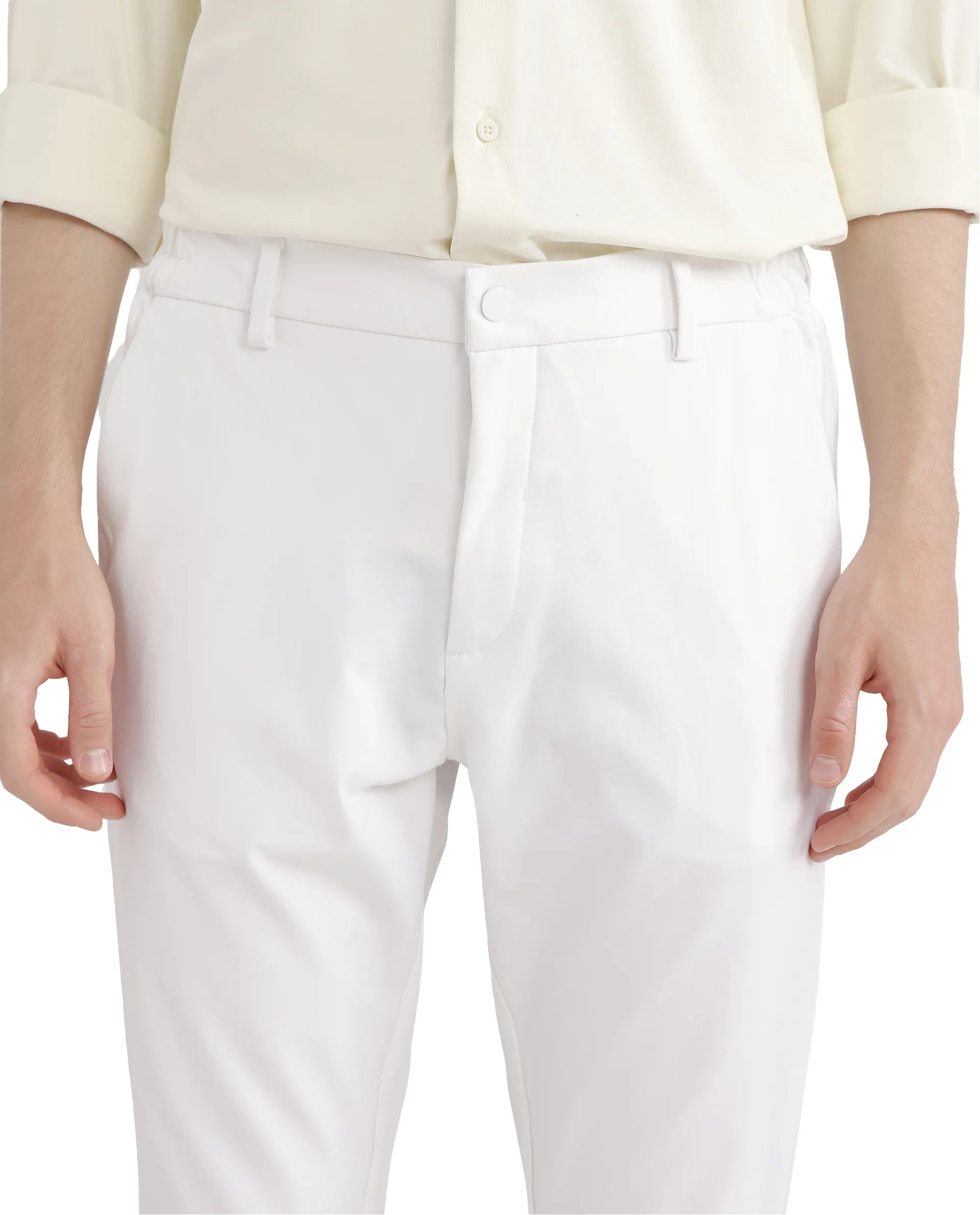 Rare Rabbit Men Travel-26 White Cotton Elastane Fabric Button And Zip Closure Plain Trouser