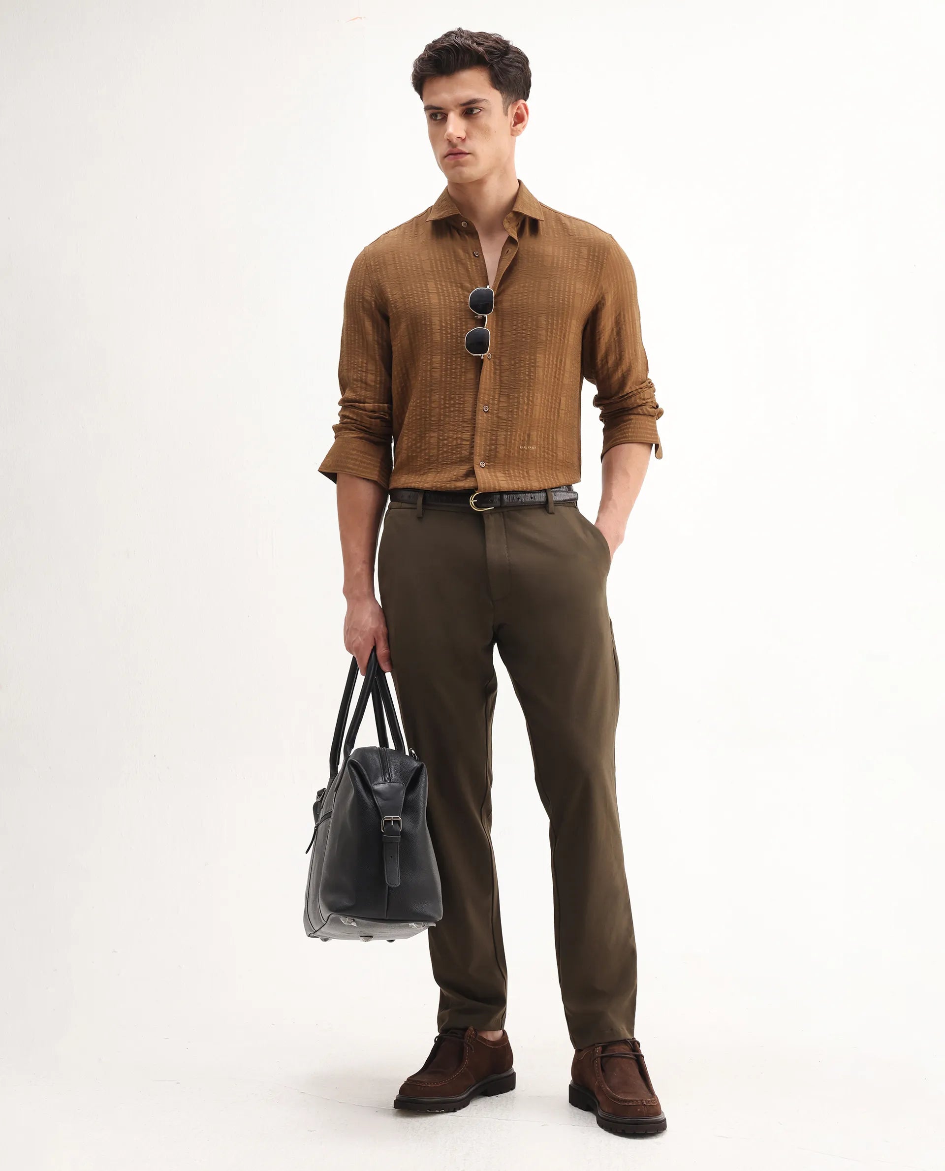 Rare Rabbit Men's Travel-Aw25 Dark Brown Polyester Blend Plain Regular Fit Trouser