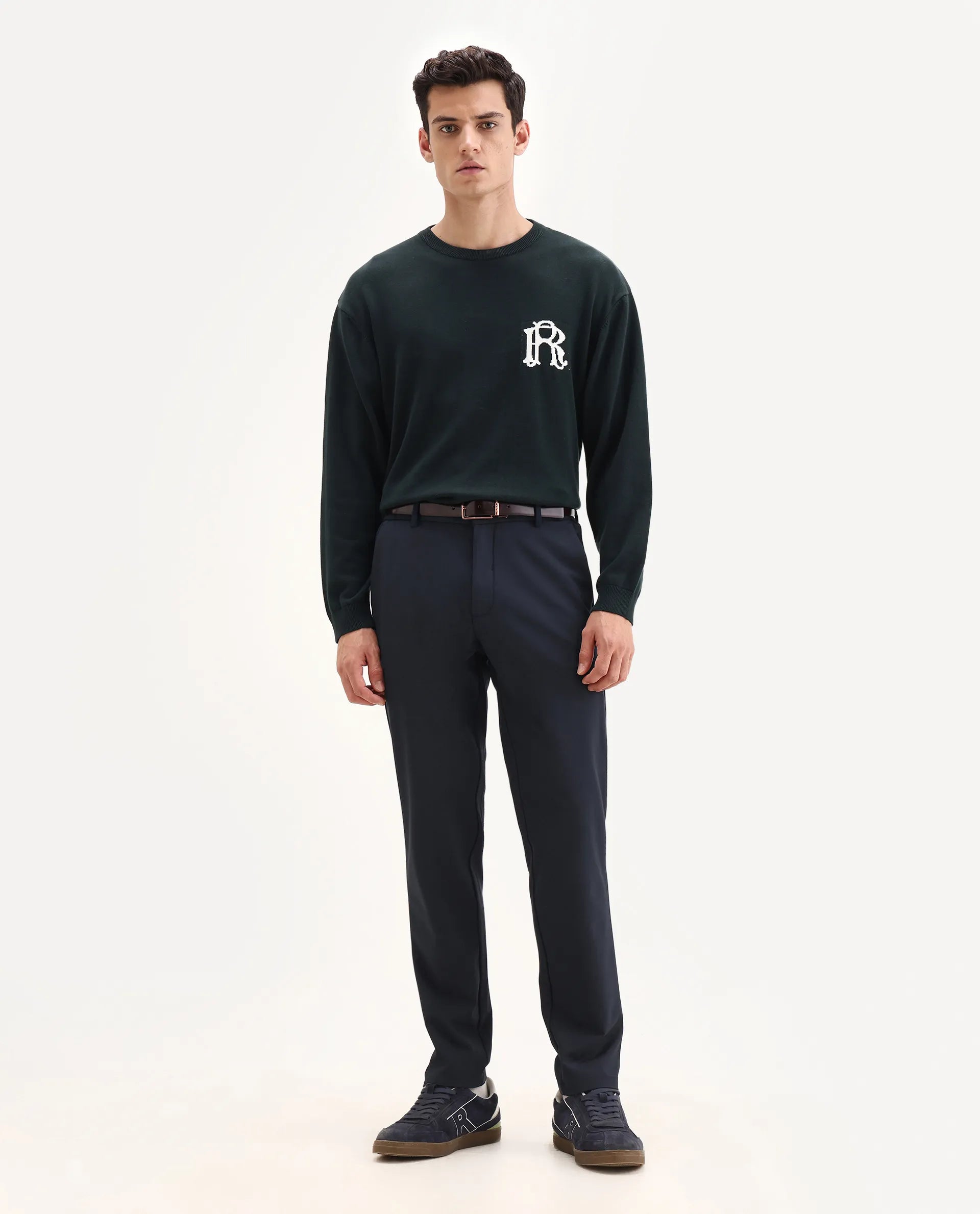 Rare Rabbit Men Travel-Aw25 Dark Navy Polyester Blend Plain Regular Fit Trouser