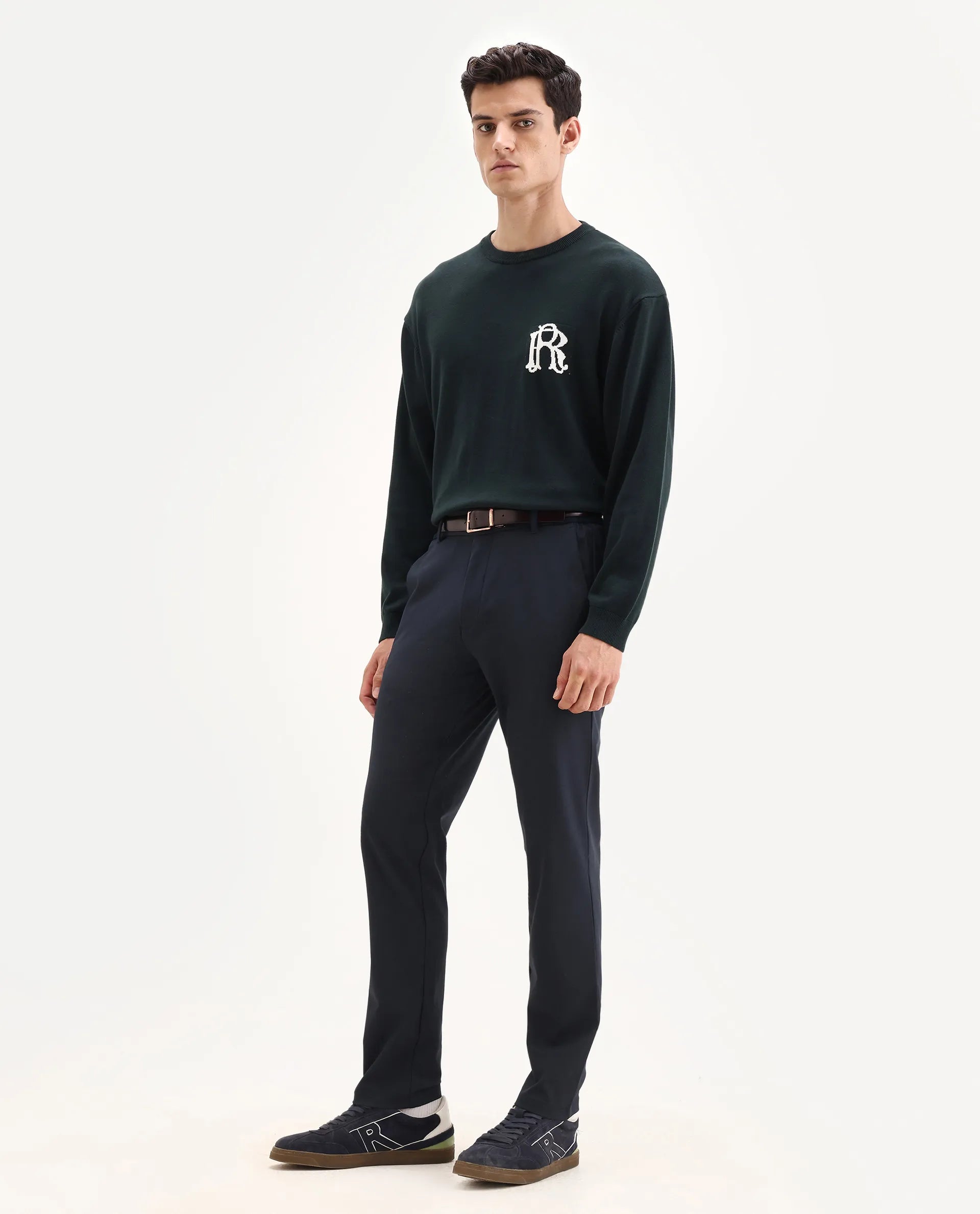 Rare Rabbit Men Travel-Aw25 Dark Navy Polyester Blend Plain Regular Fit Trouser