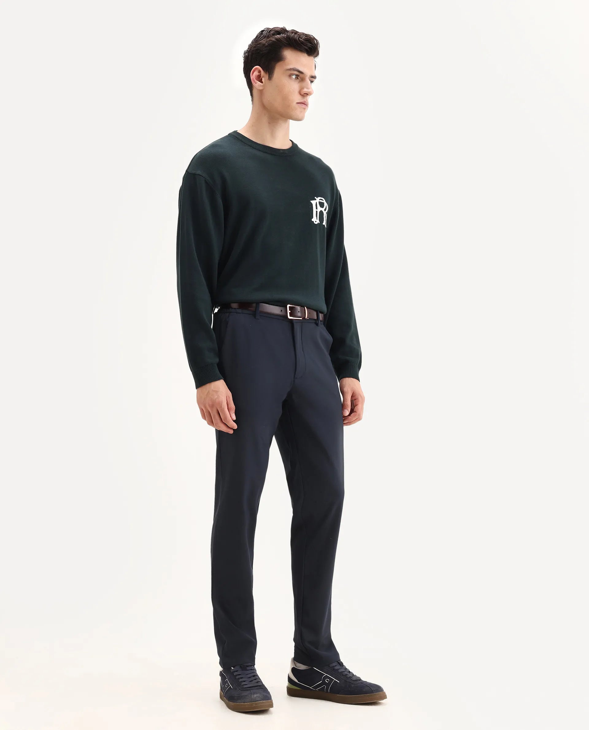 Rare Rabbit Men Travel-Aw25 Dark Navy Polyester Blend Plain Regular Fit Trouser