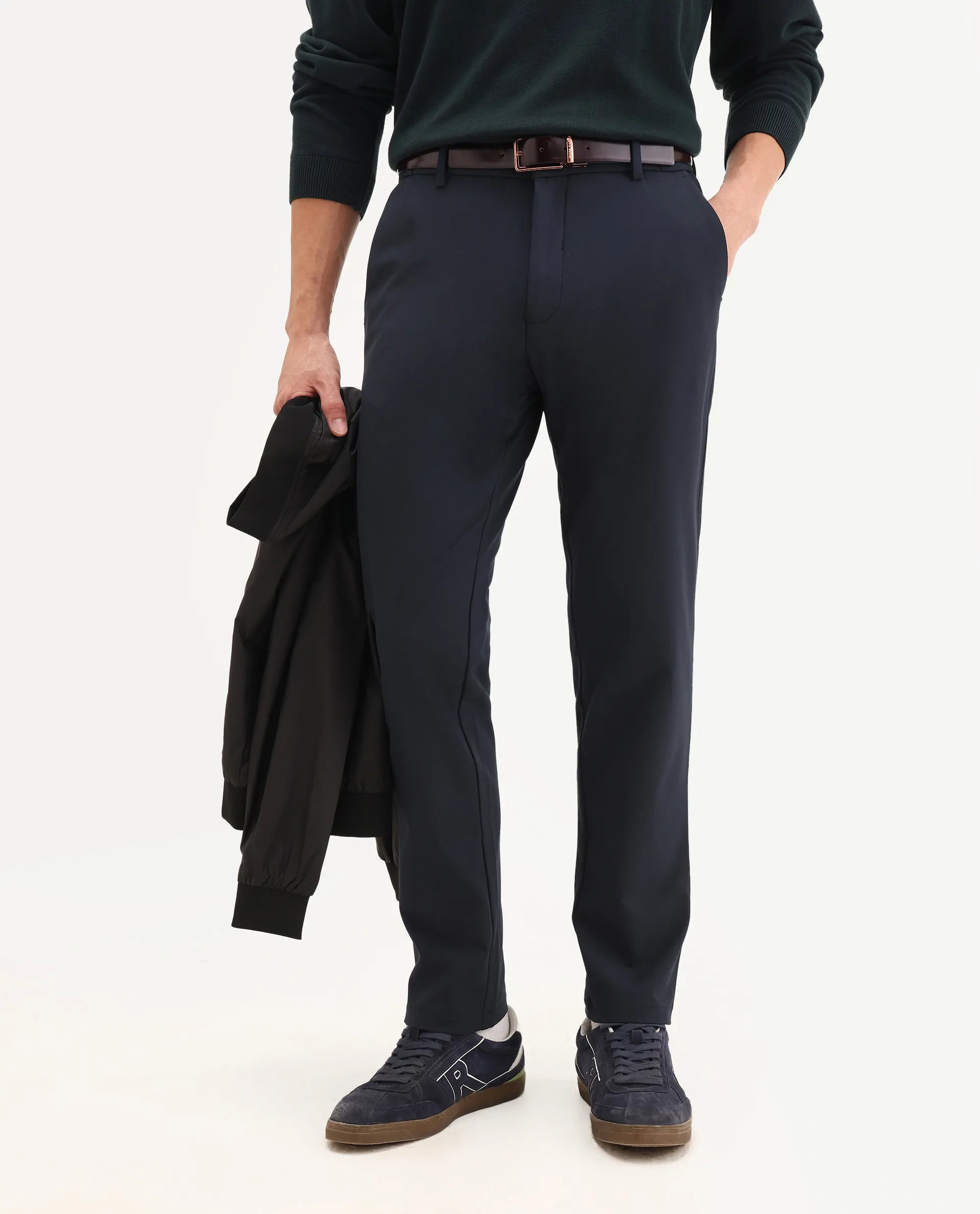 Rare Rabbit Men Travel-Aw25 Dark Navy Polyester Blend Plain Regular Fit Trouser