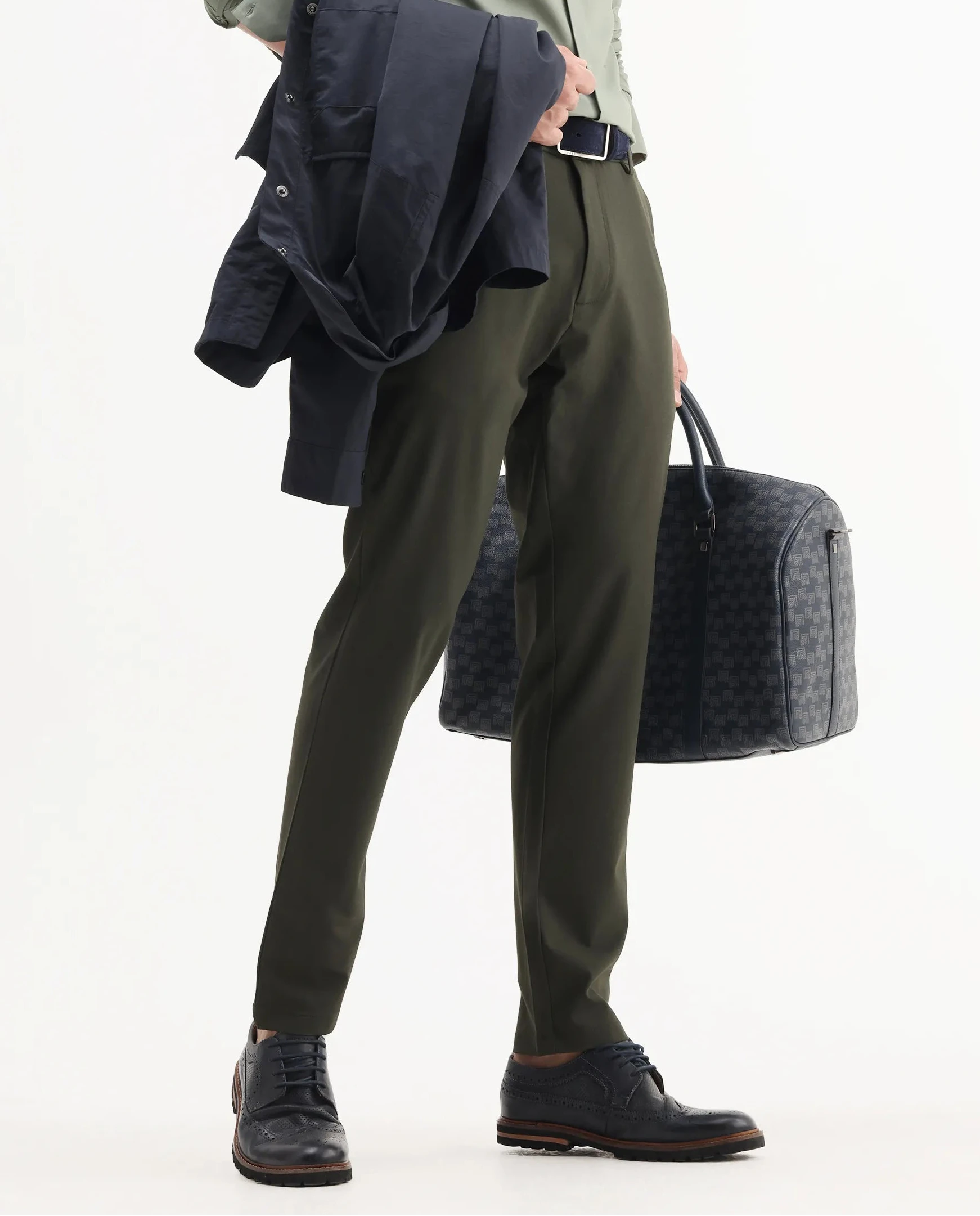 Rare Rabbit Men Travel-Aw25 Green Polyester Fabric Button And Zip Closure Closure Plain Trouser