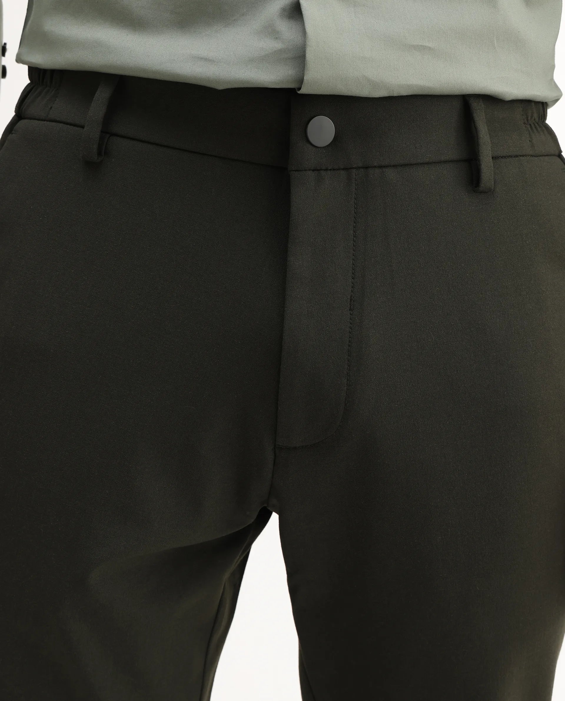 Rare Rabbit Men Travel-Aw25 Green Polyester Fabric Button And Zip Closure Closure Plain Trouser