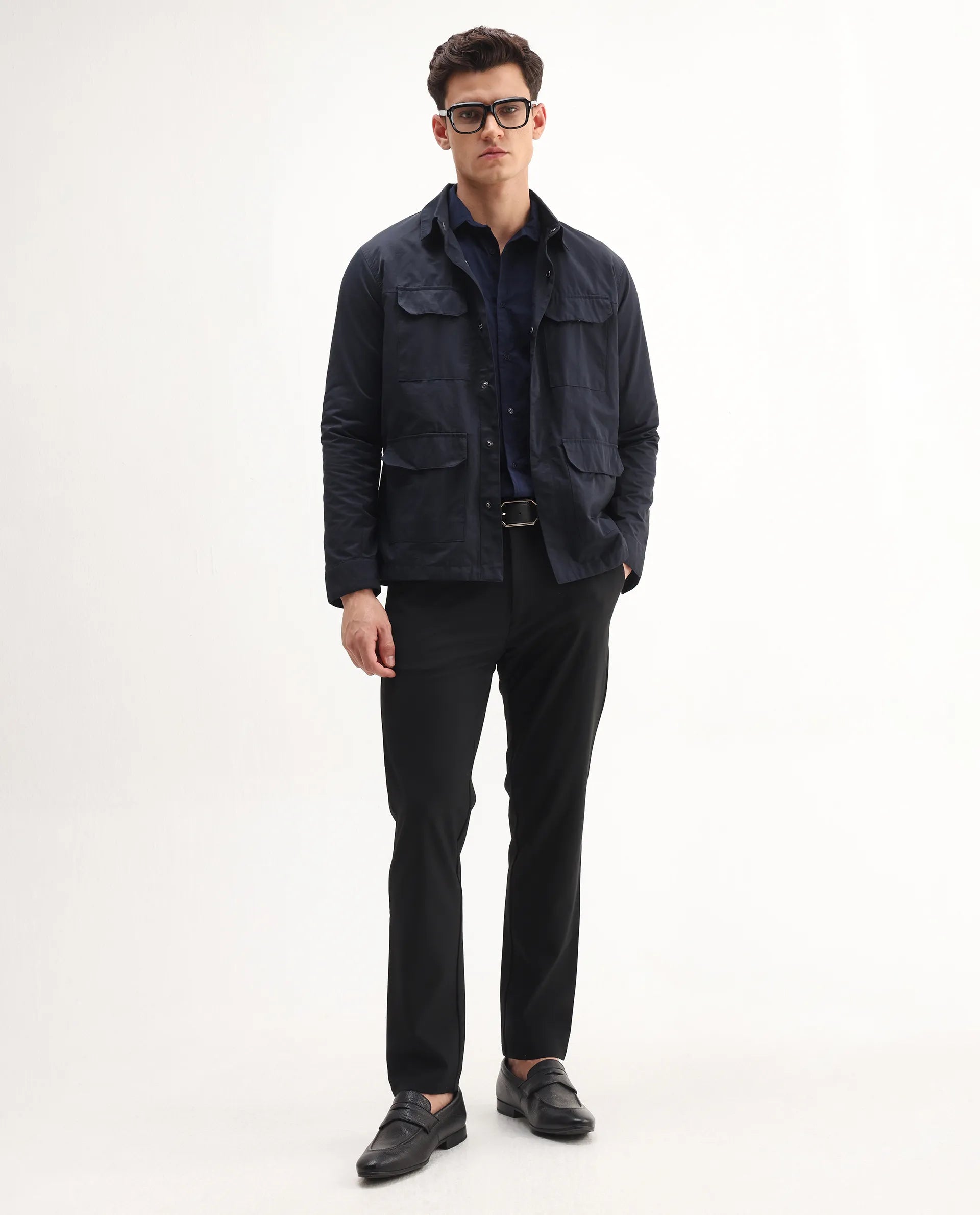 Rare Rabbit Men's Travel-Aw25 Black Polyester Fabric Button And Zip Closure Closure Plain Trouser