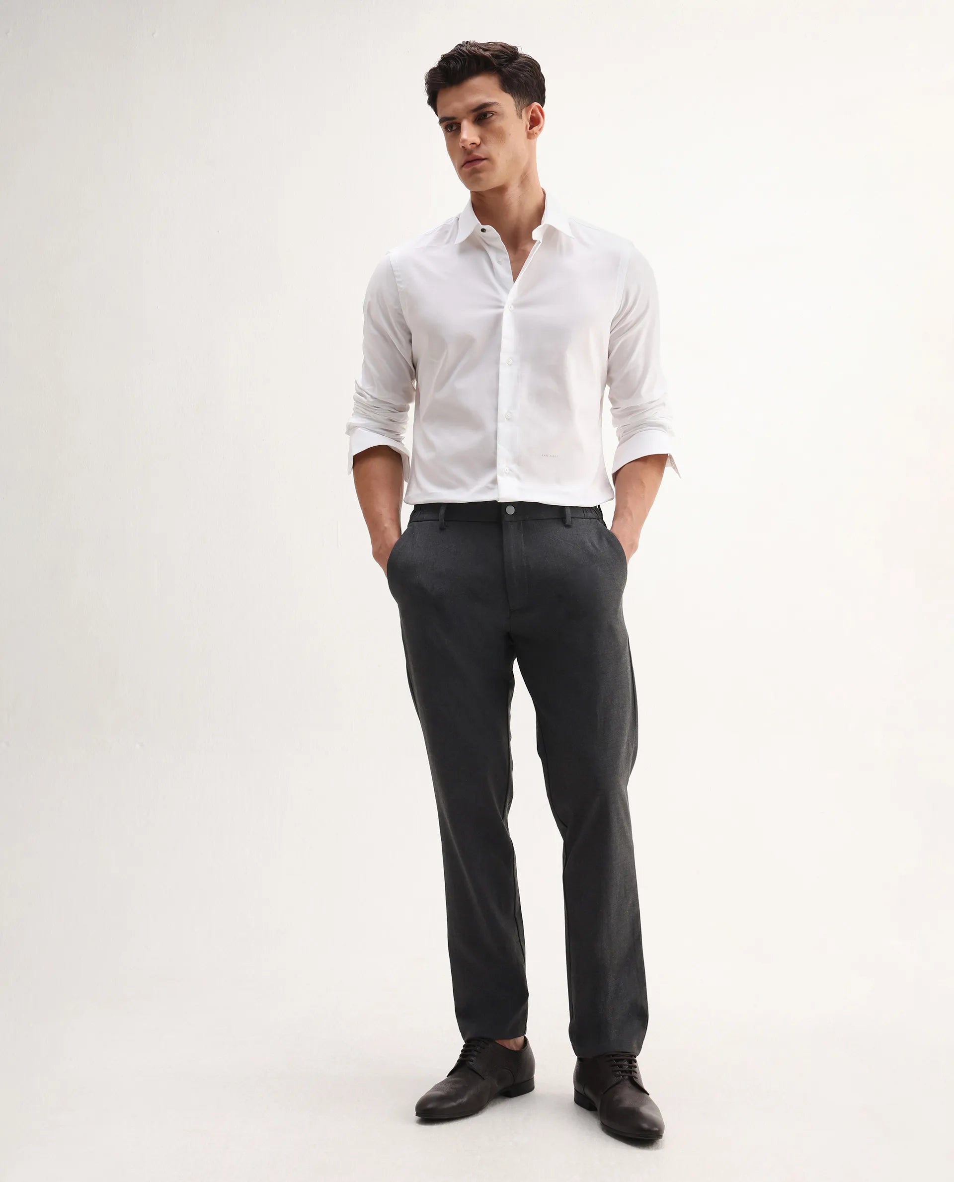 Rare Rabbit Men's Travel-Aw25 Dark Grey Polyester Blend Plain Regular Fit Trouser