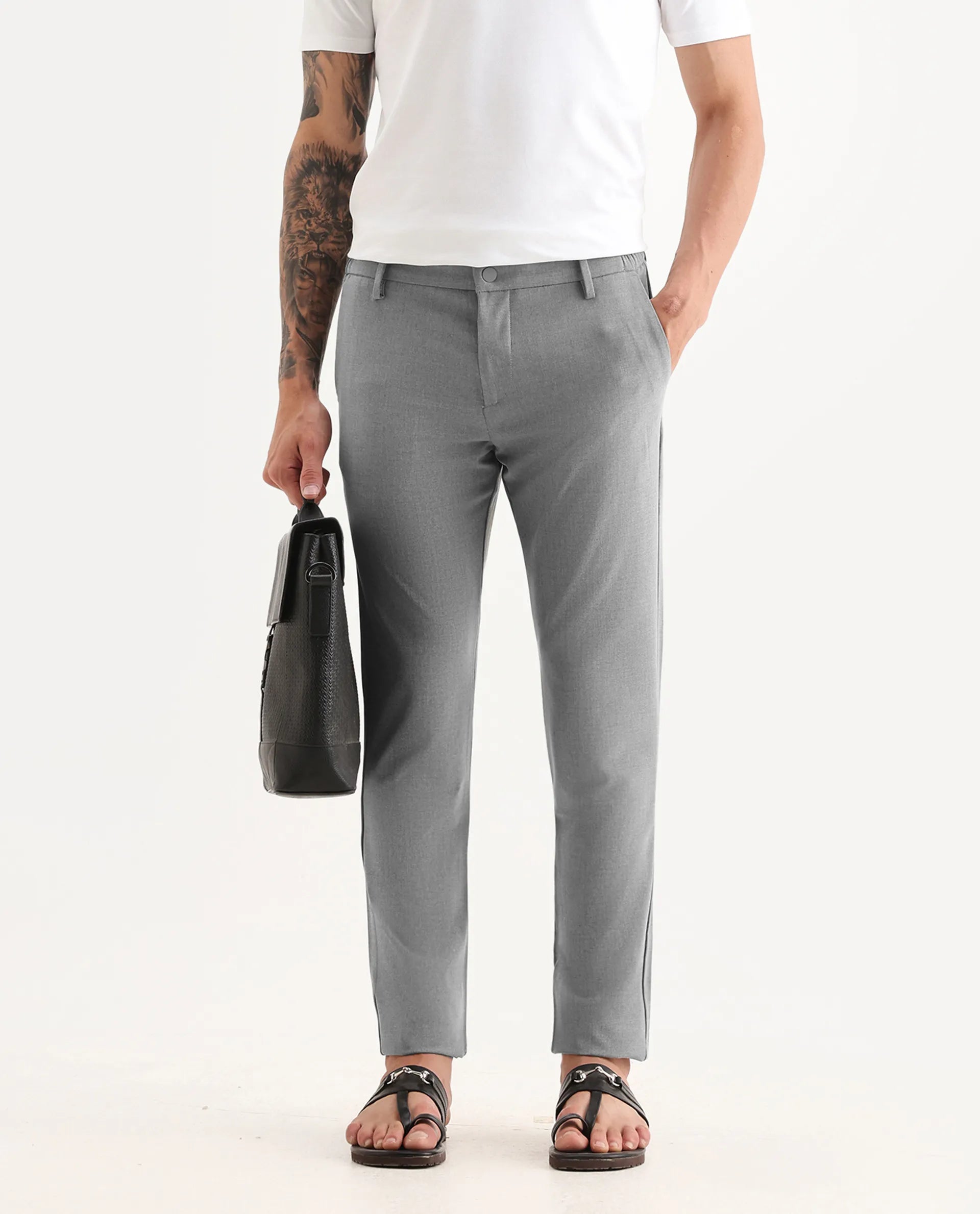 Rare Rabbit Men's Traveller Grey Solid Mid-Rise Regular Fit Trouser