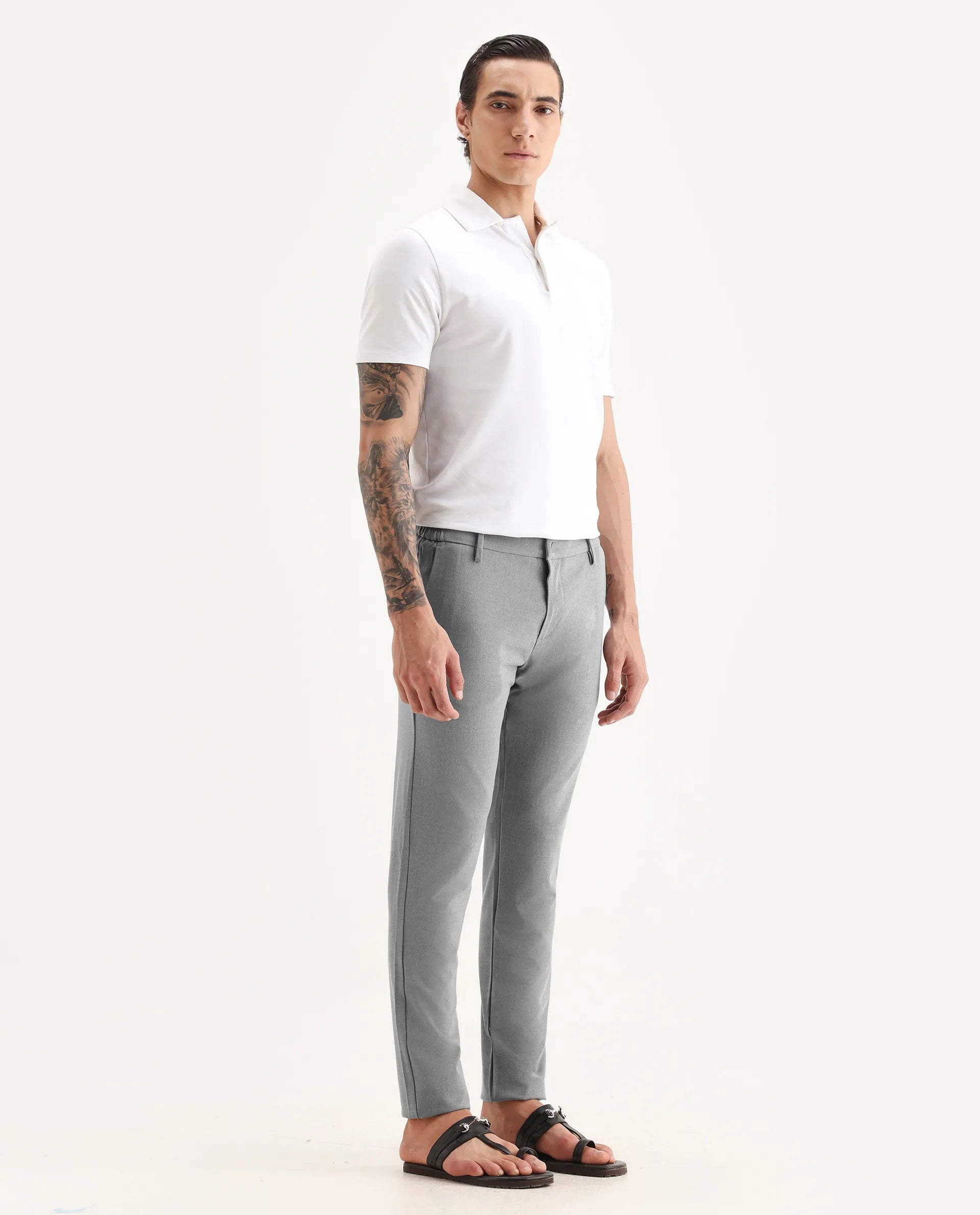 Rare Rabbit Men's Traveller Grey Solid Mid-Rise Regular Fit Trouser